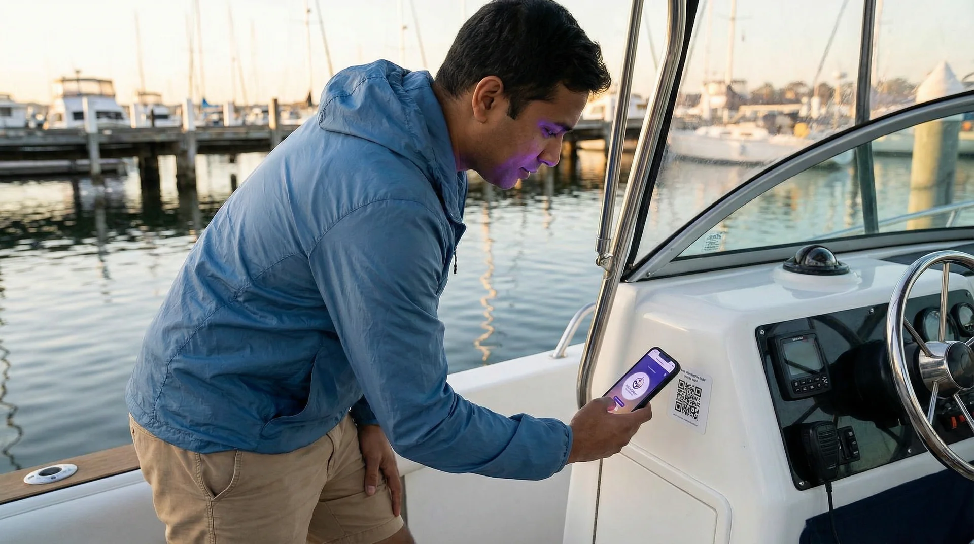 Marina manager checking Help Genie on phone at a golden-hour dock