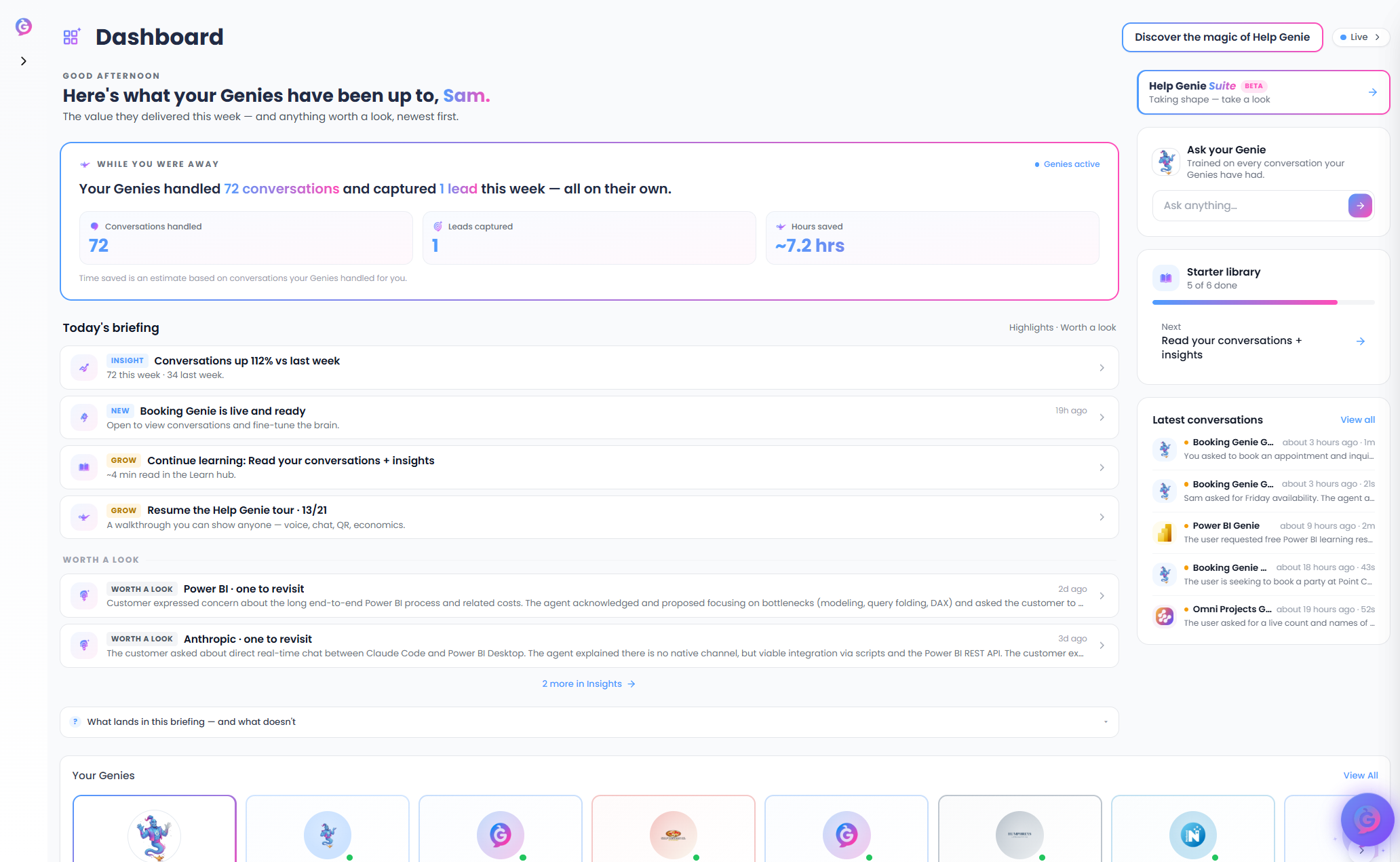 Help Genie dashboard showing people helped, issues resolved, and hours saved