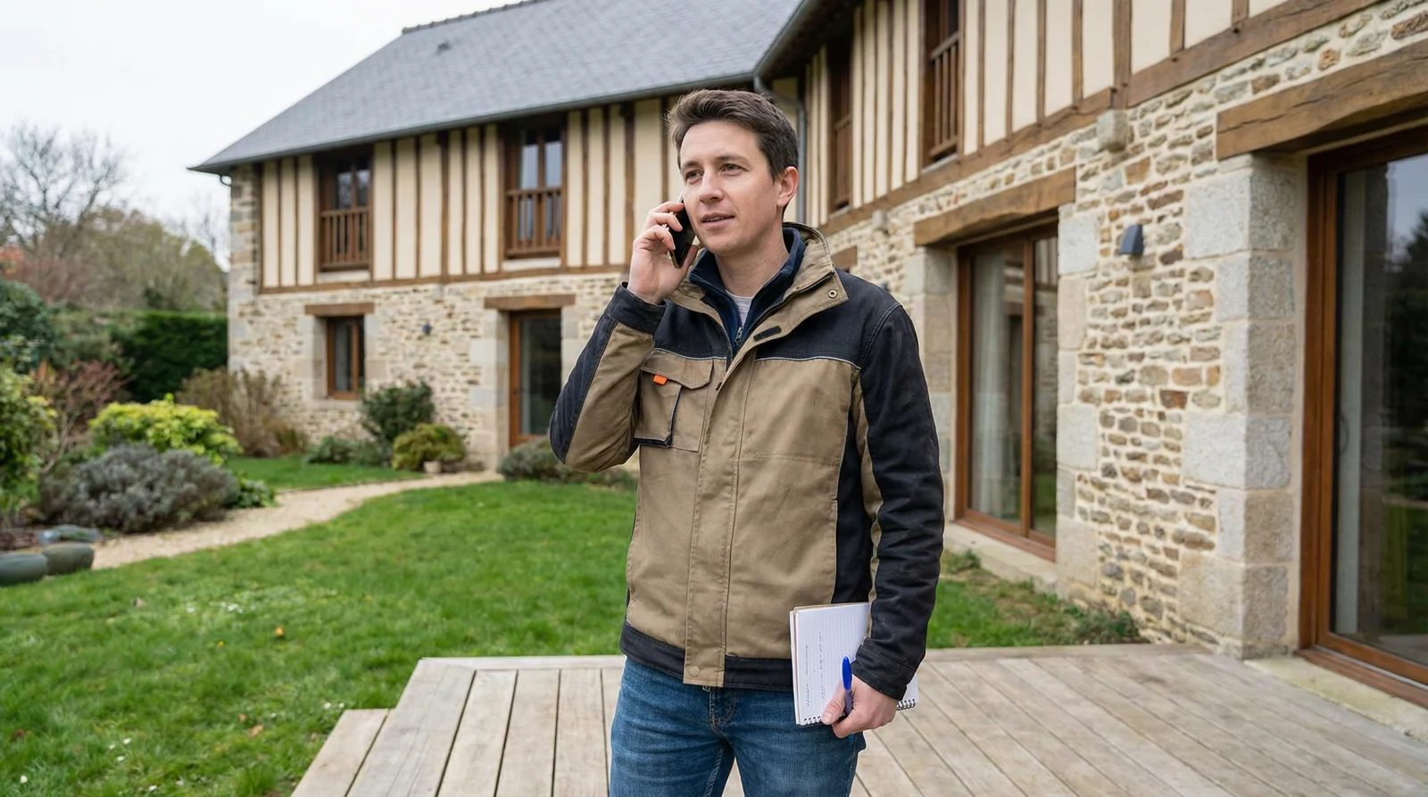 Field professional on a phone call outside a home