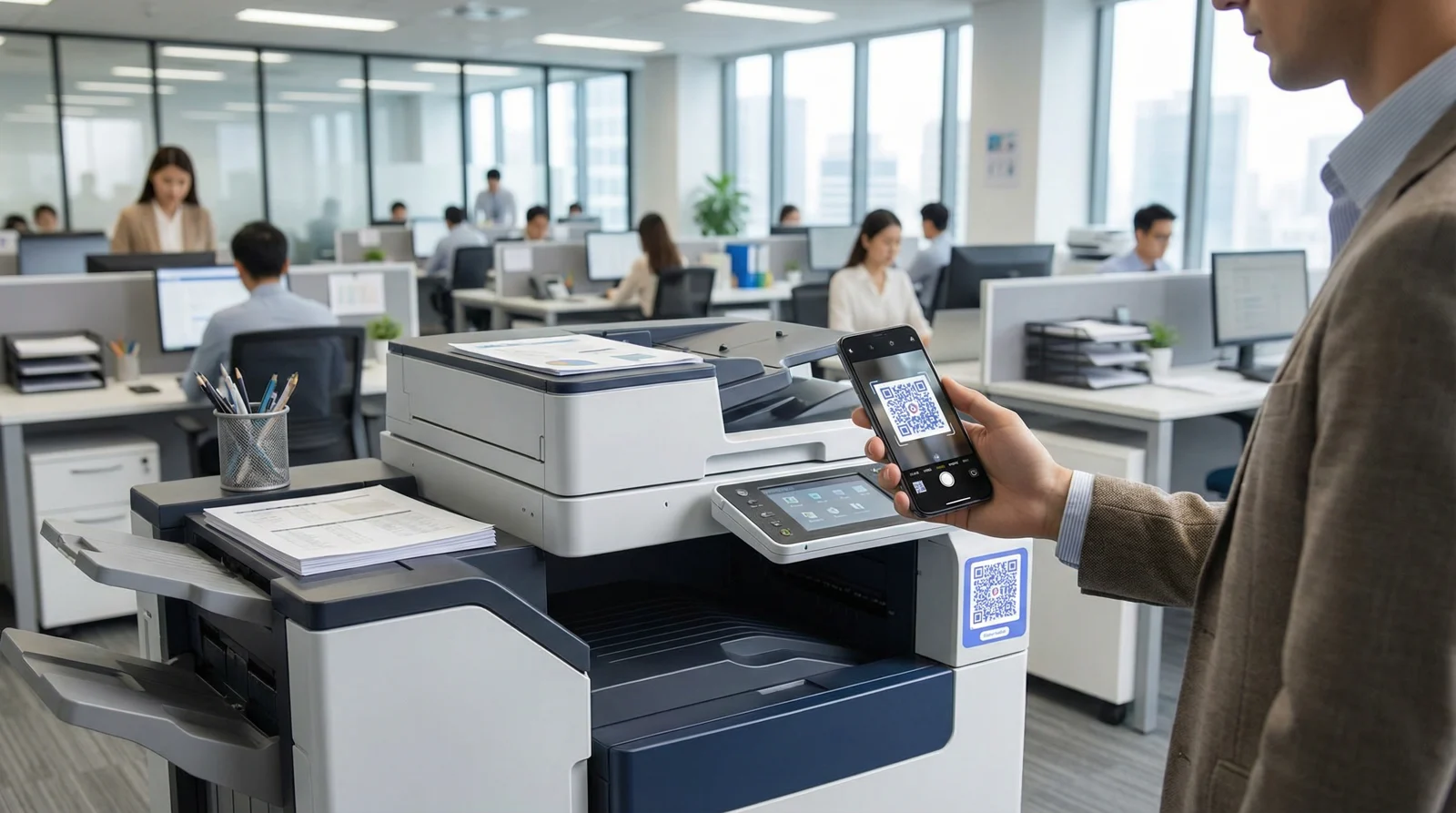 Person scanning a QR code on office equipment with a phone
