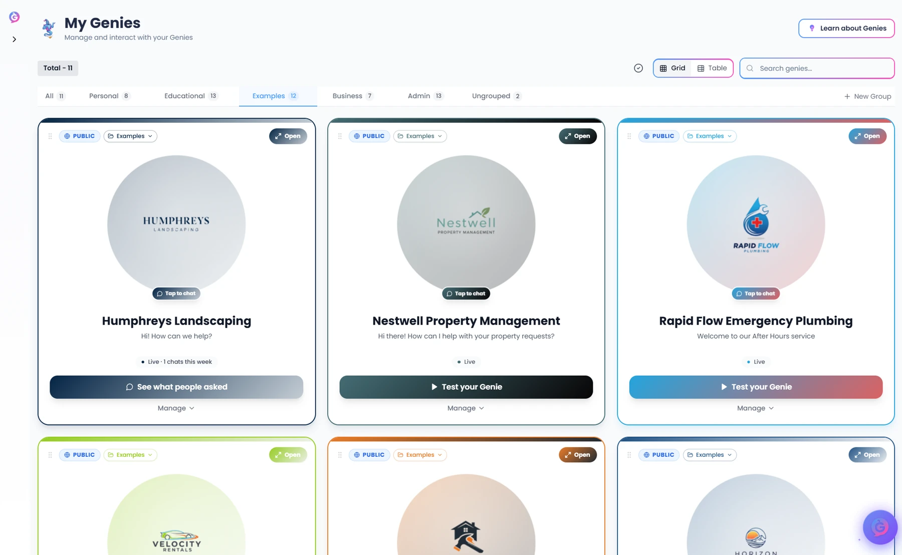 Help Genie Genies page showing active voice agents