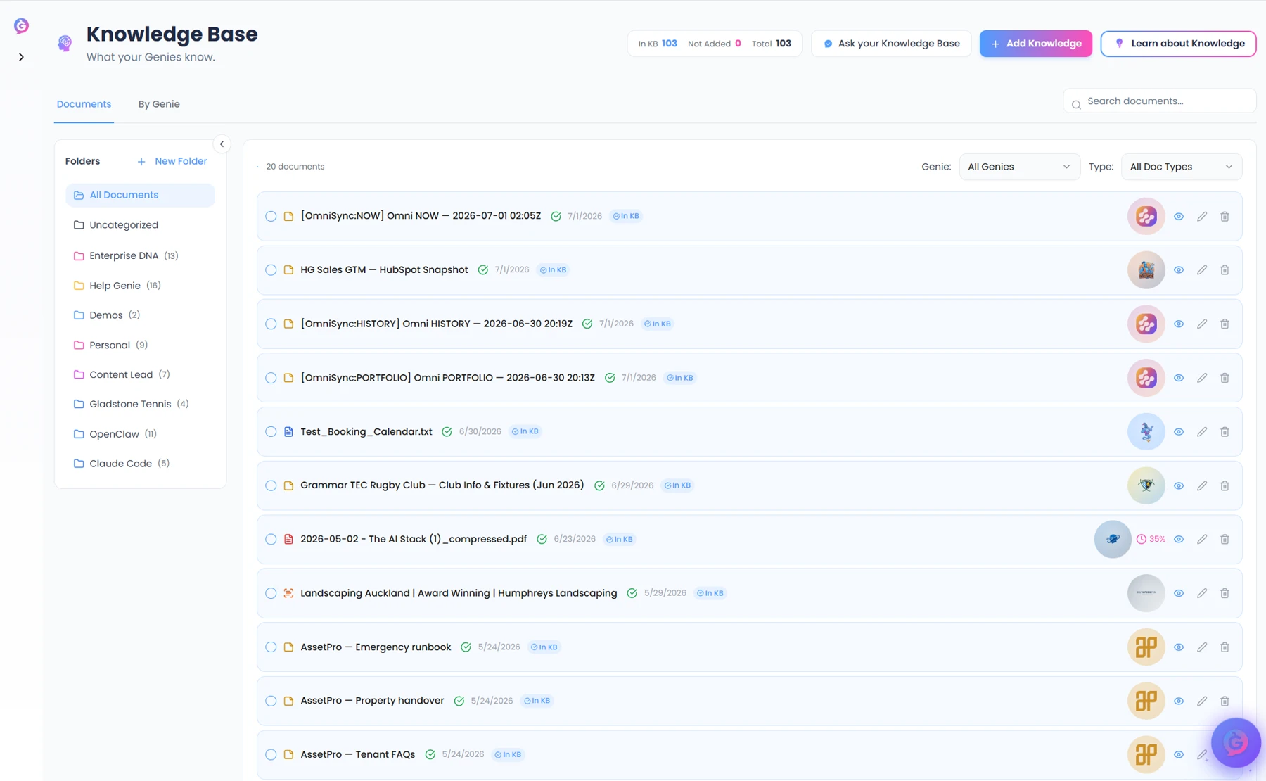 Help Genie Knowledge Base with uploaded documents