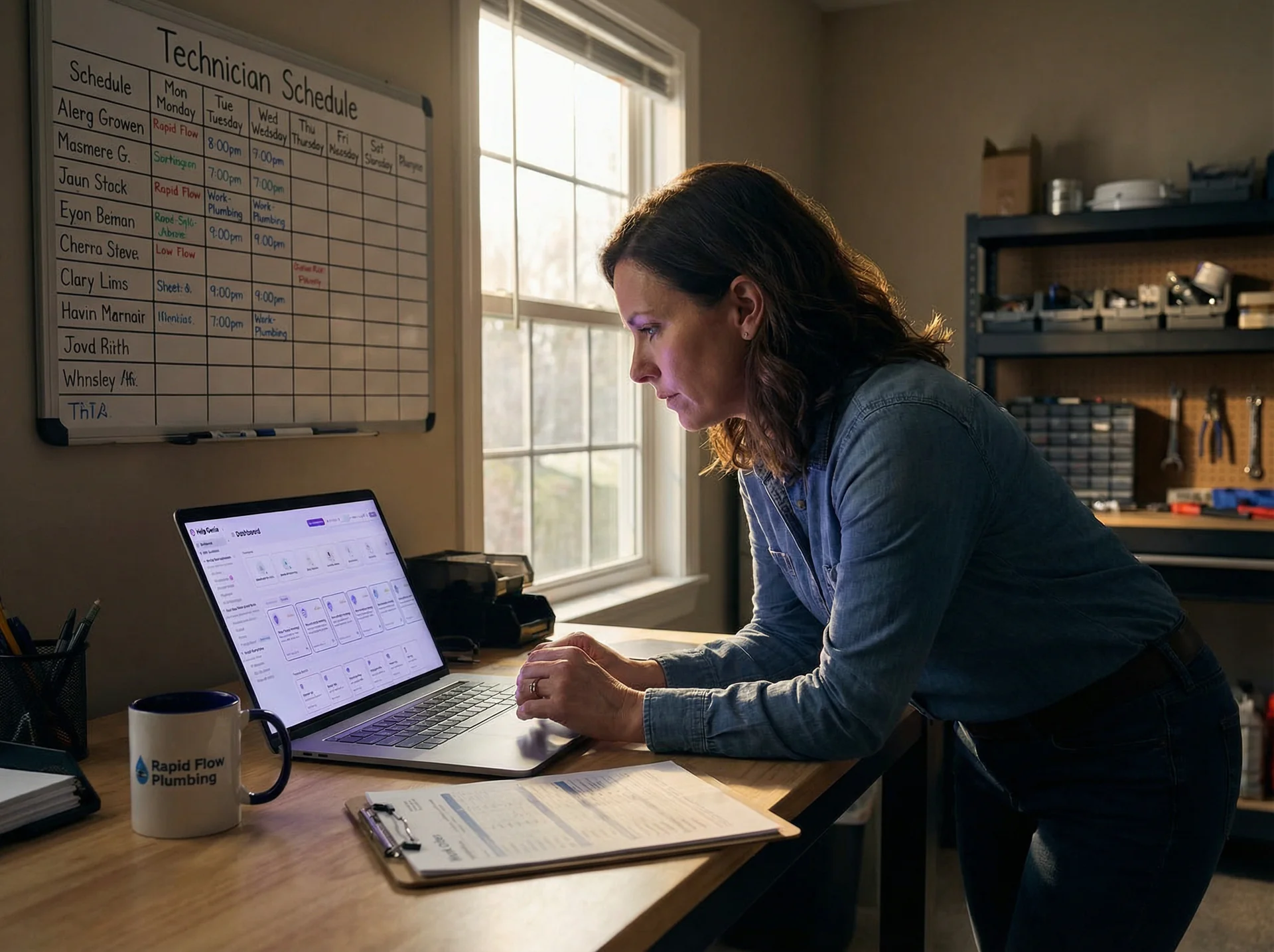 Plumbing company dashboard showing after-hours calls triaged by AI into emergency dispatches and next-day appointments