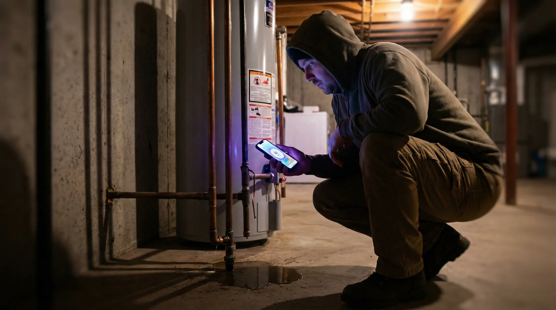 A homeowner dealing with a plumbing emergency at night while an AI system handles the call and dispatches help