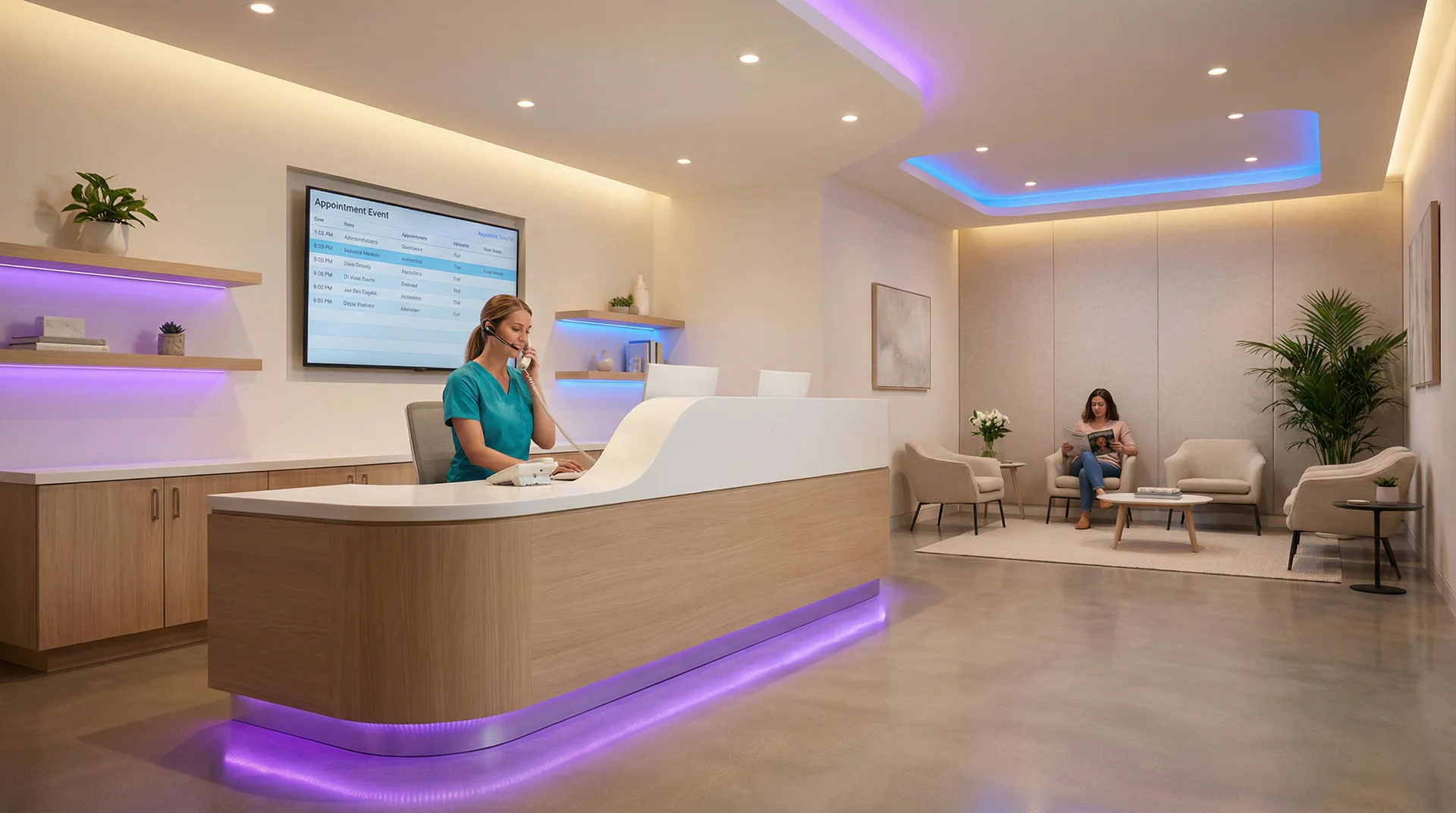 Dental office front desk with a phone system handling appointment bookings while the team focuses on patient care
