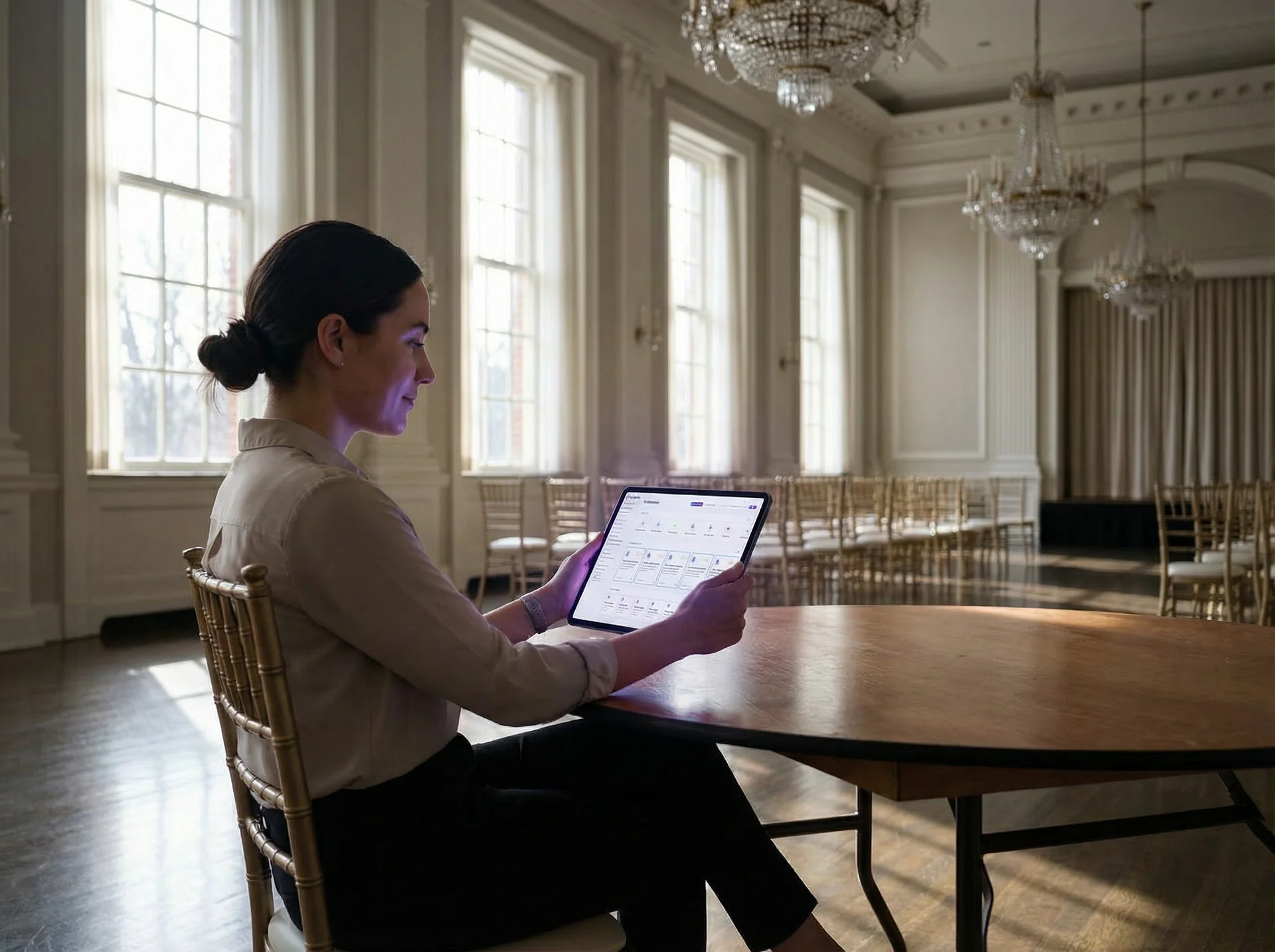 Event coordinator reviewing qualified venue leads on a tablet between event setups