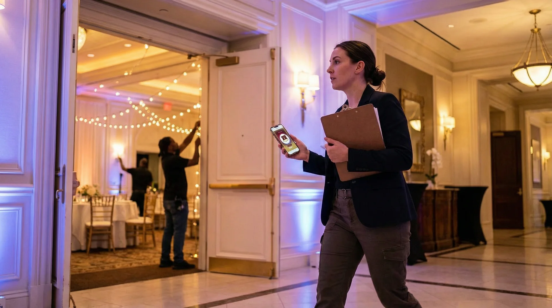 Event venue ballroom being set up for a wedding while phone inquiries come in