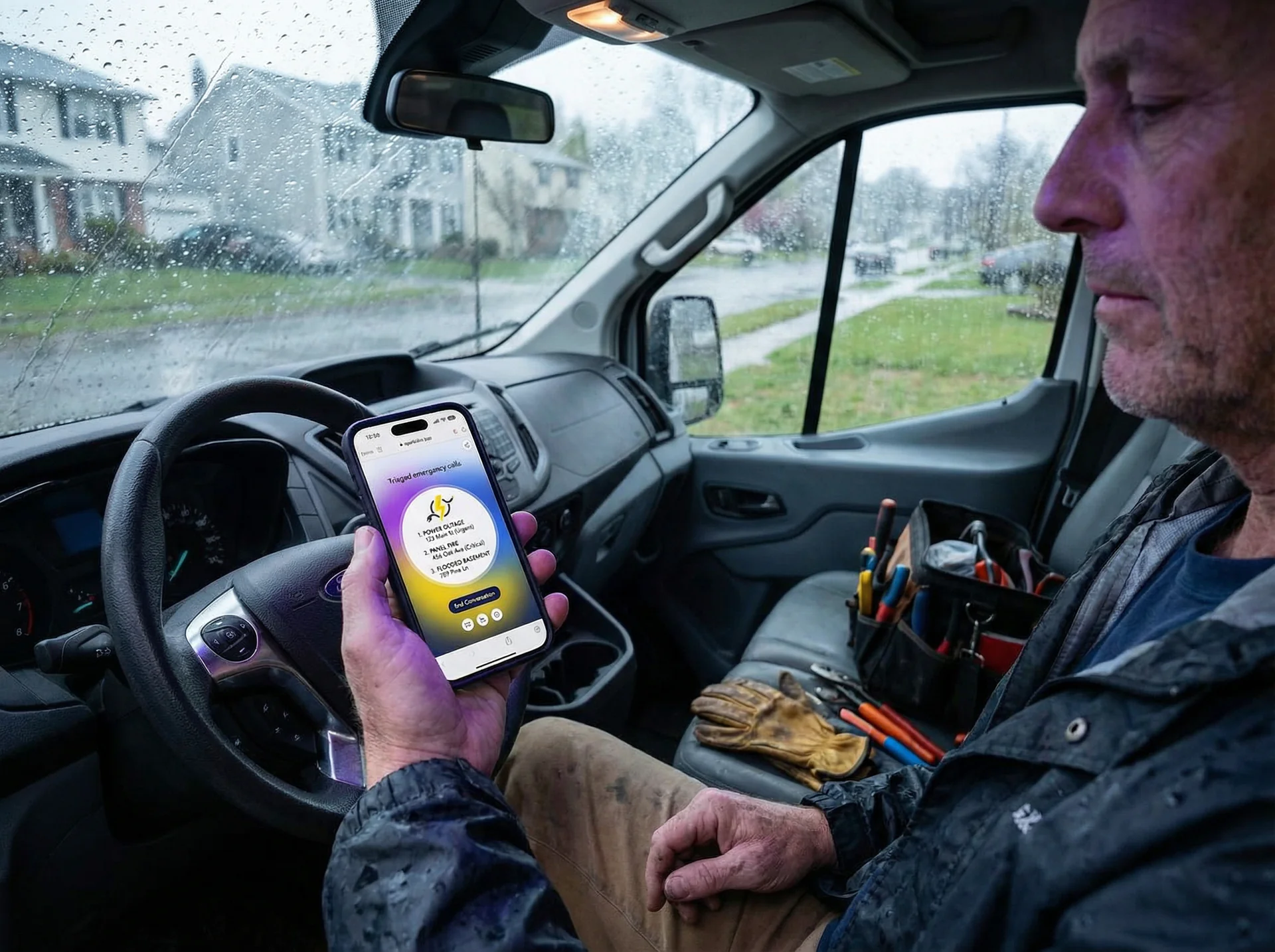 Electrician reviewing a prioritized call list on a smartphone between storm emergency jobs