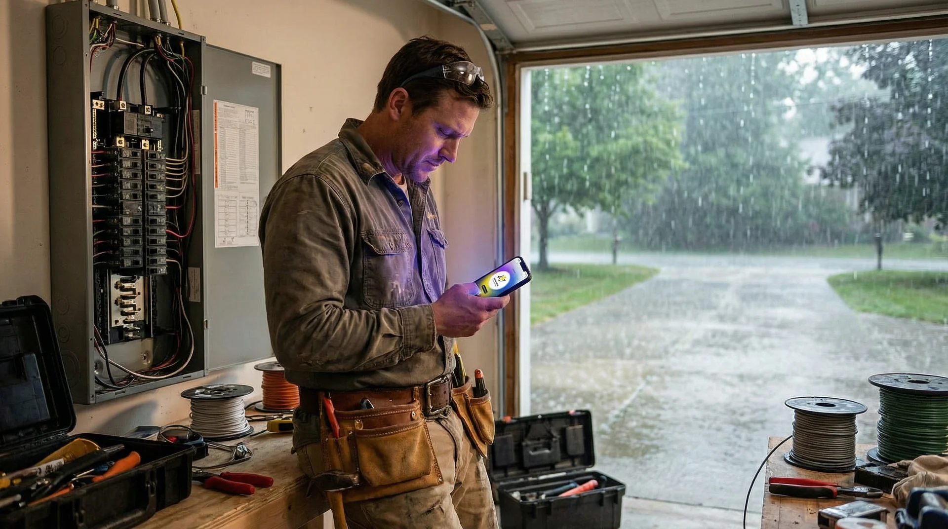 Electrician working on a power panel during a storm while phone calls stack up