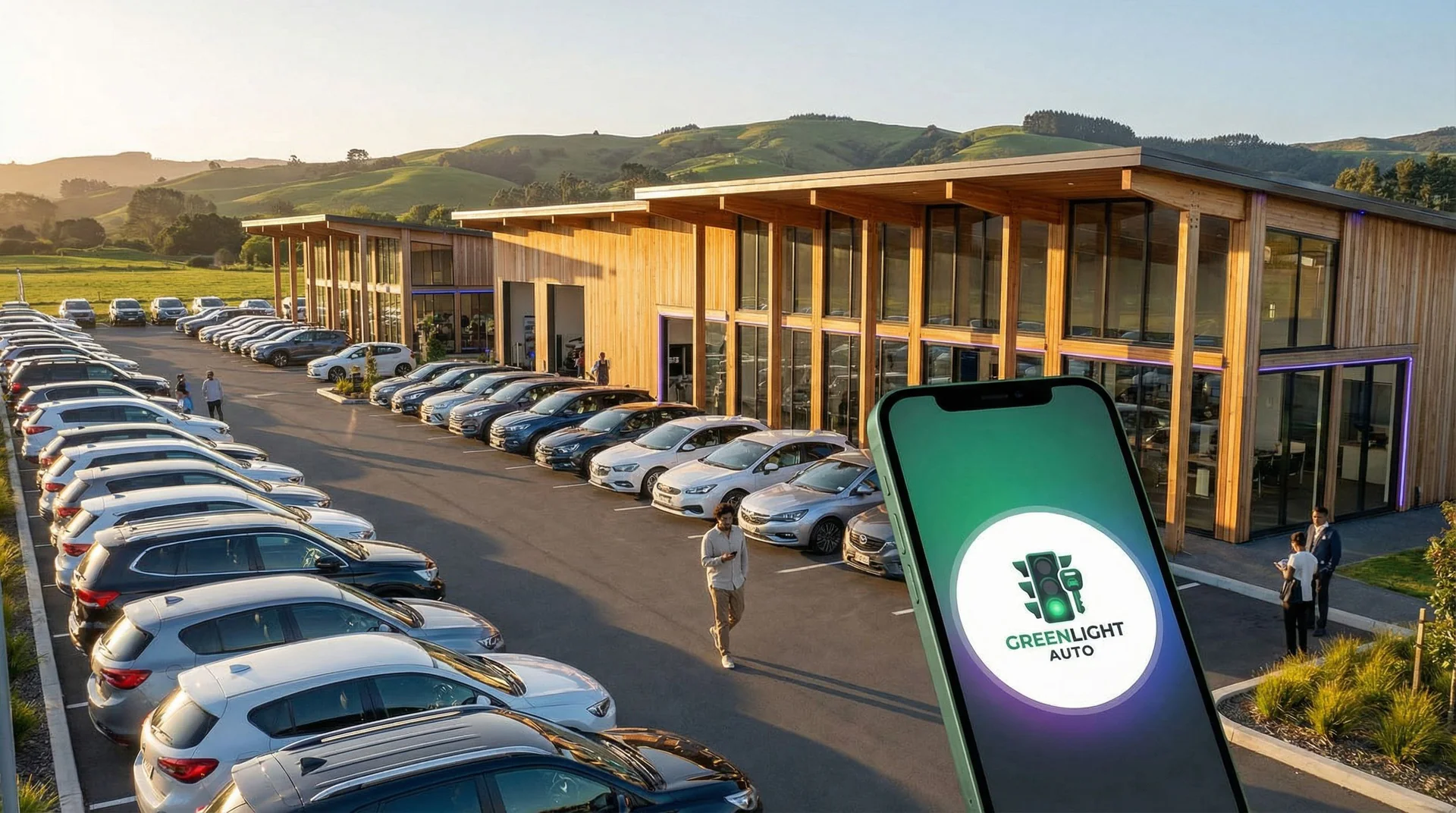 Multi-location auto dealership map showing AI routing calls between sales, service, and parts departments across stores