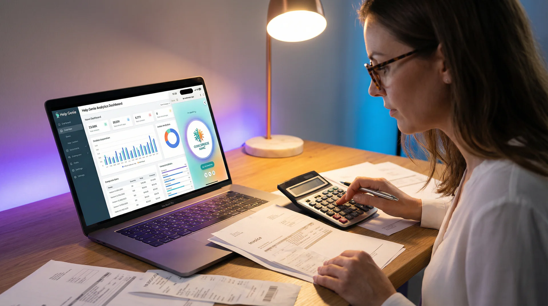 Business owner reviewing ROI dashboard showing AI call handling cost savings and recovered revenue