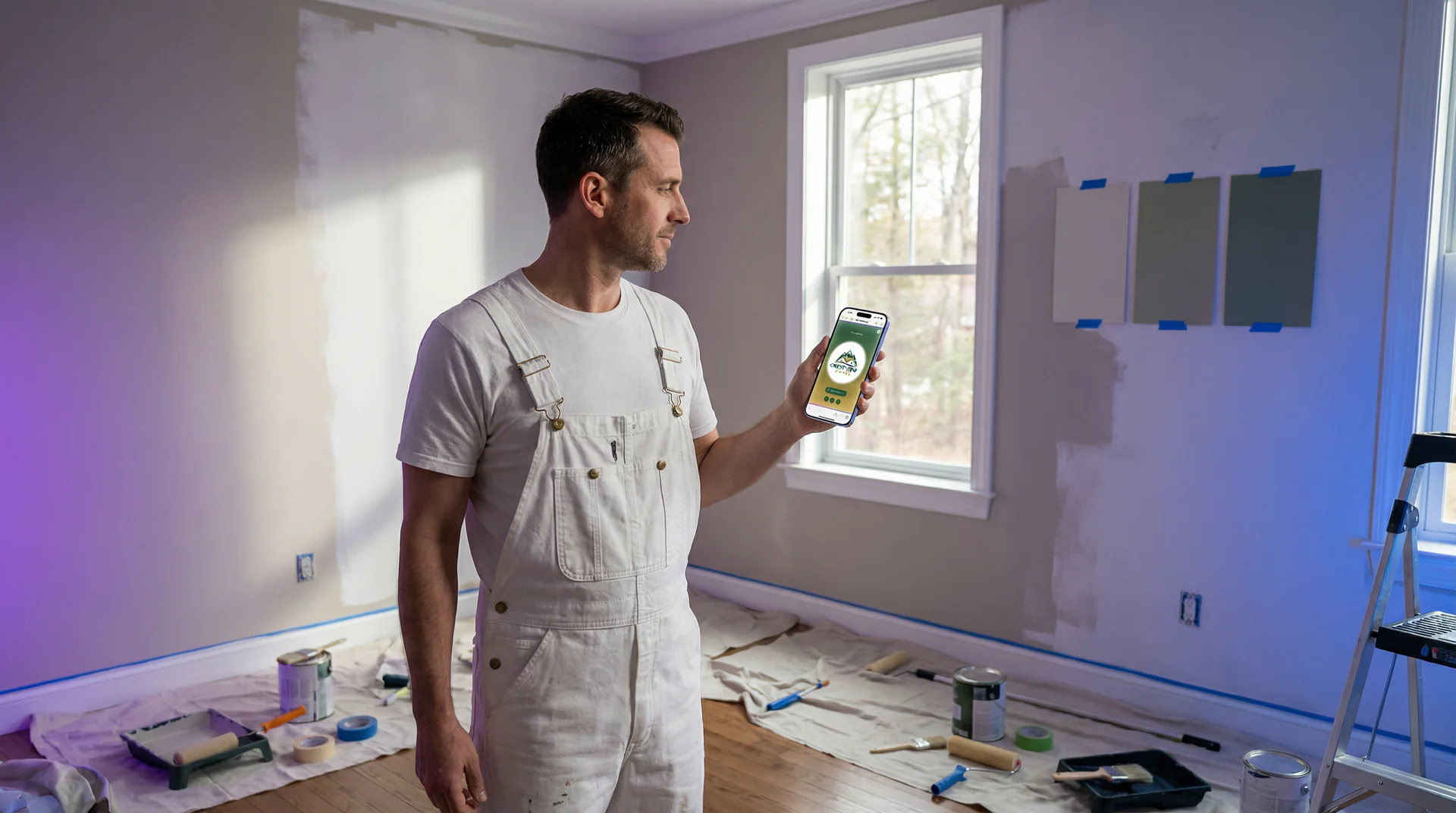 A painting contractor reviewing project details on their tablet while an AI voice genie handles incoming estimate calls