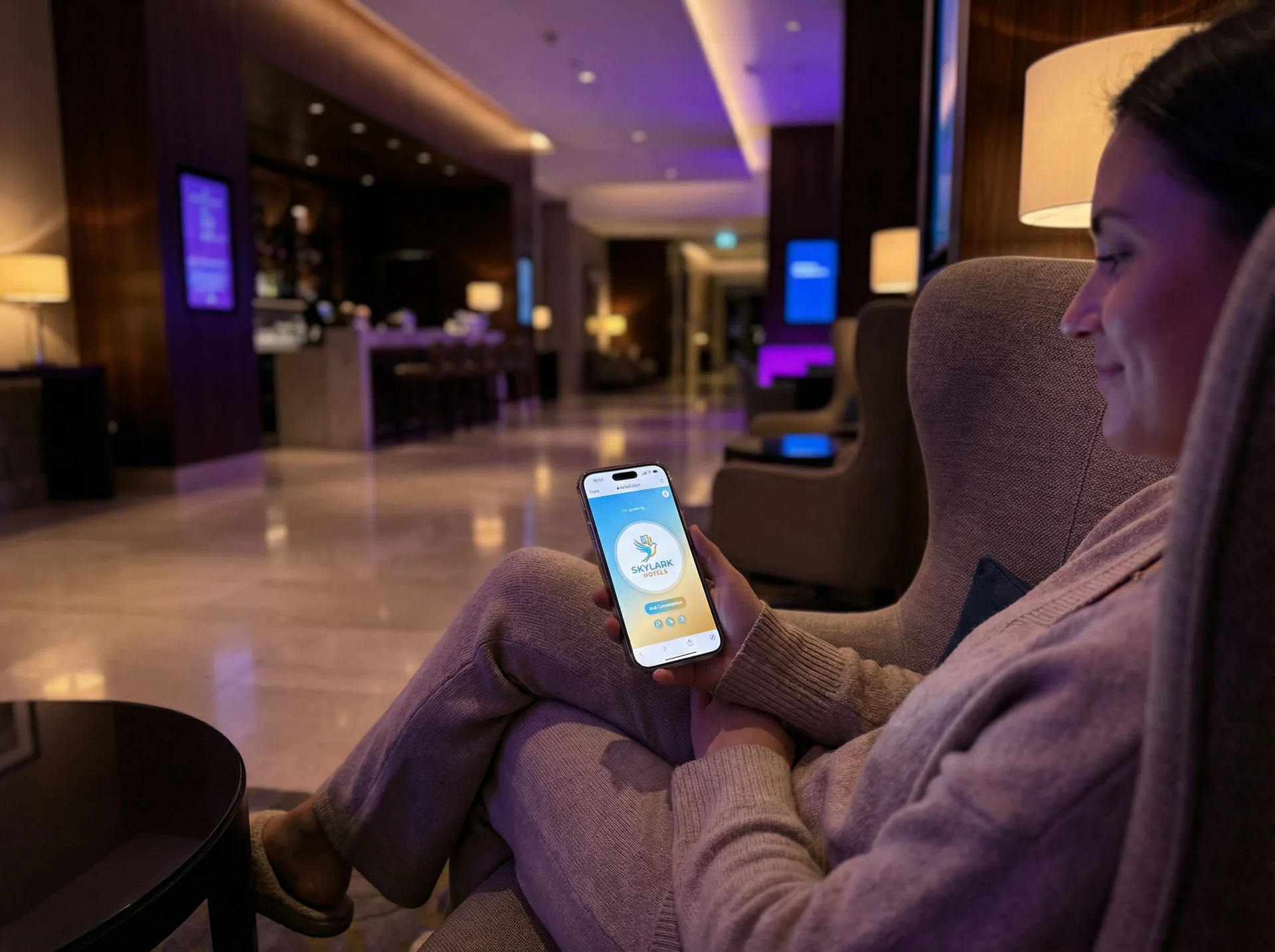 Hotel front desk tablet displaying AI concierge conversation with a guest asking for late-night restaurant recommendations