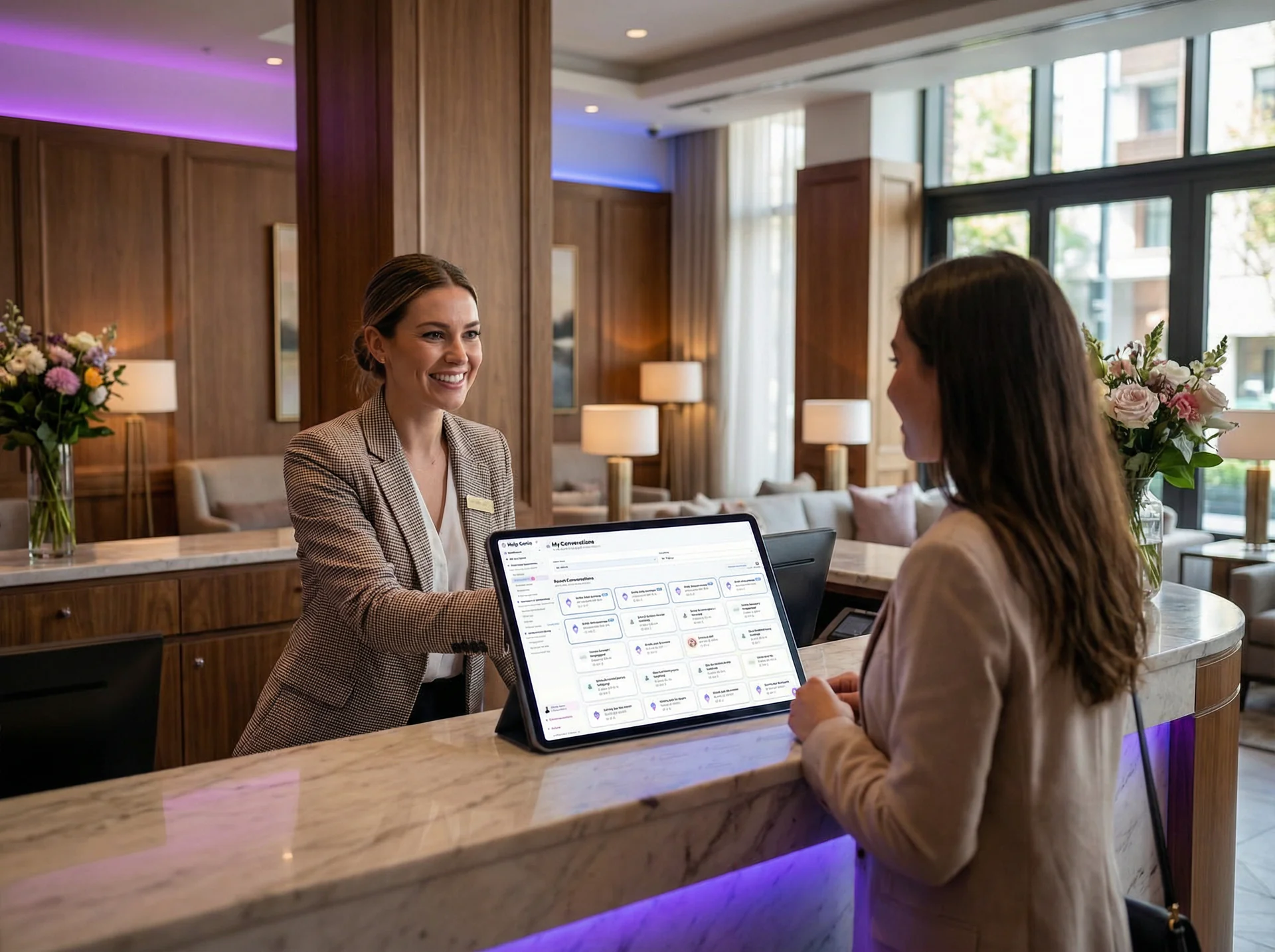Boutique hotel lobby with a guest using their phone to interact with an AI concierge while staff assists another guest in person