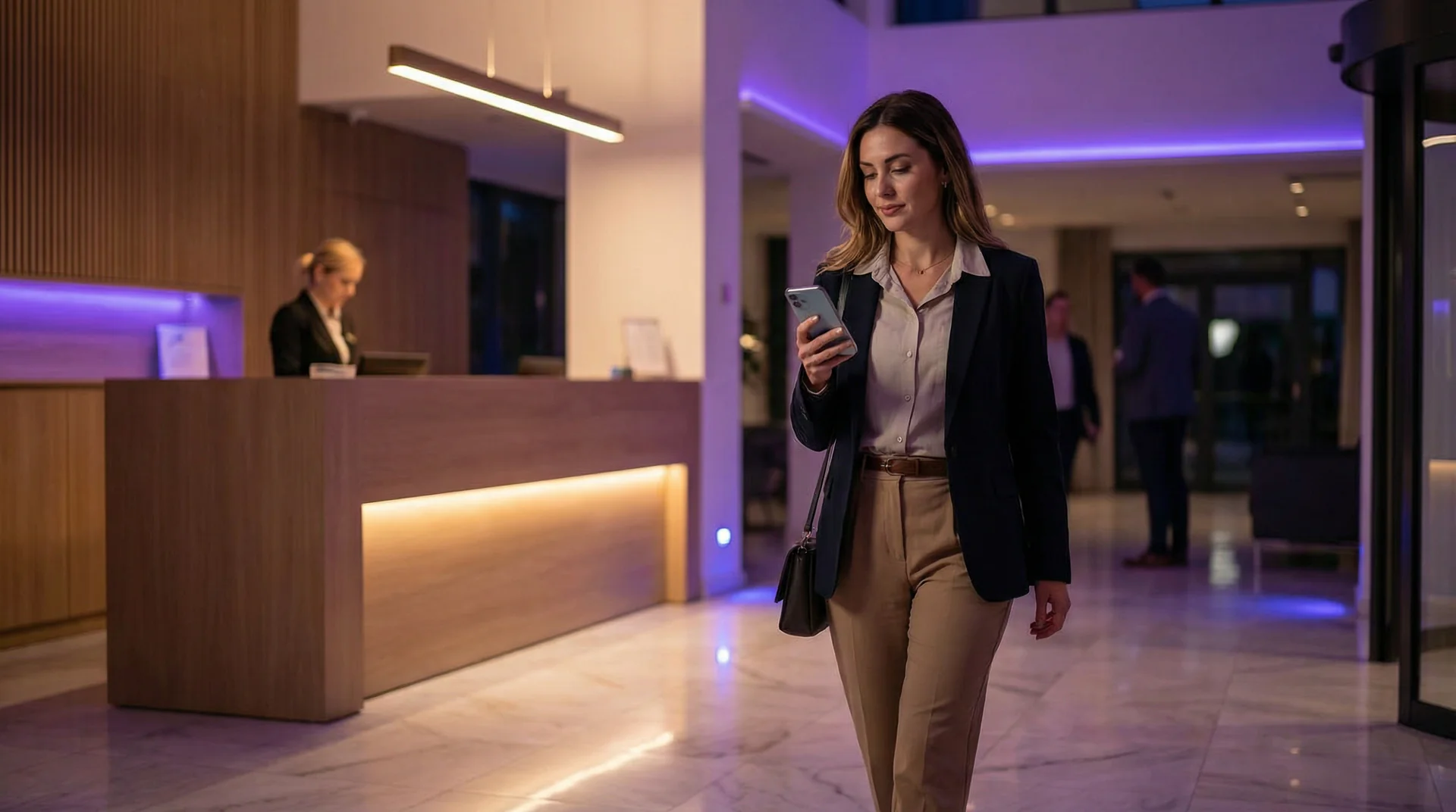 Hotel lobby front desk with a tablet showing an AI concierge interface