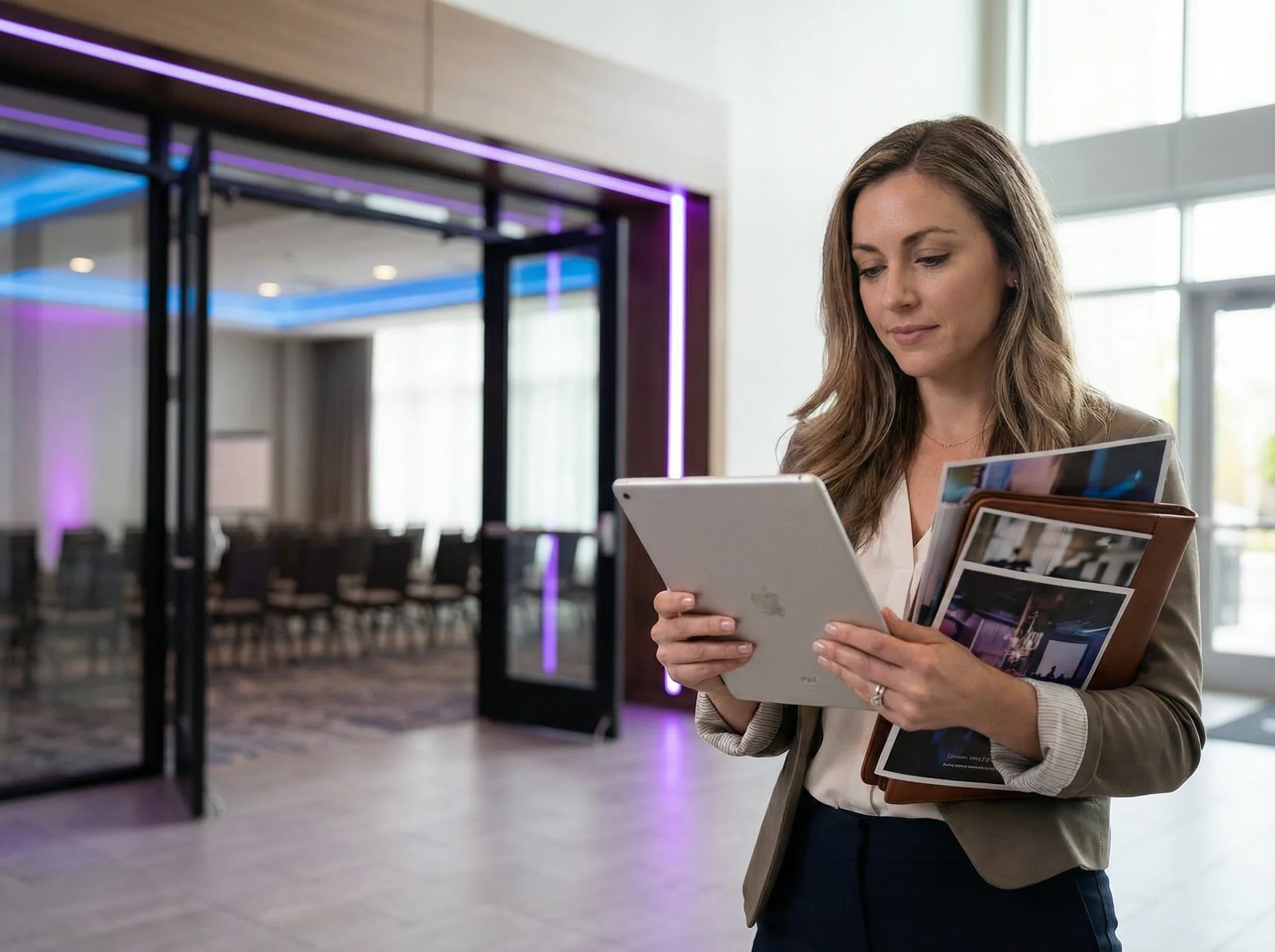 Event coordinator reviewing a qualified lead profile on a tablet before a venue site tour
