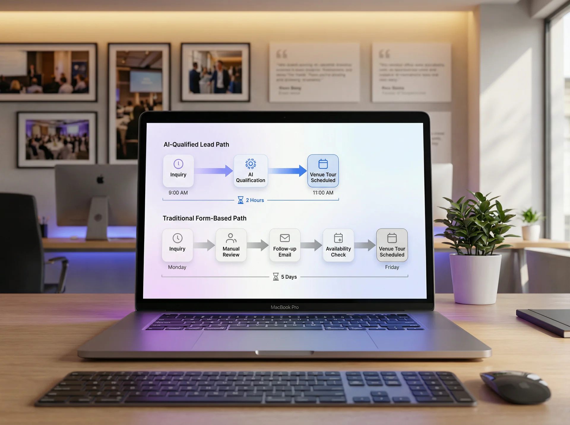 Timeline comparison showing AI-qualified venue lead moving from inquiry to tour in hours versus days for traditional form-based process