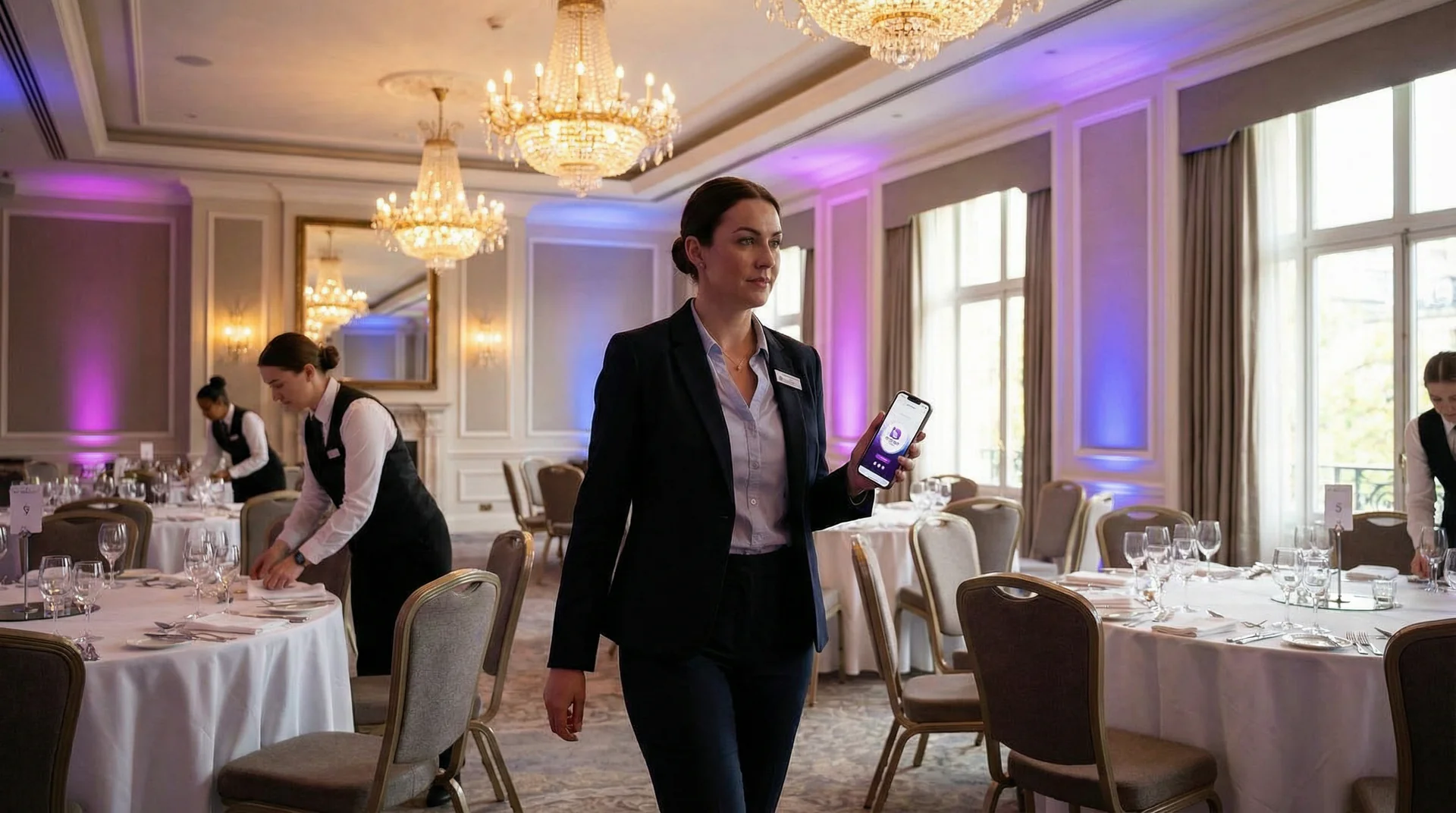 Corporate event venue ballroom set up for a large conference with stage, seating, and AV equipment