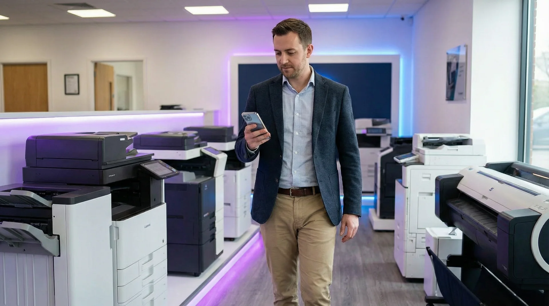 Office equipment dealer showroom with multifunction copiers on display