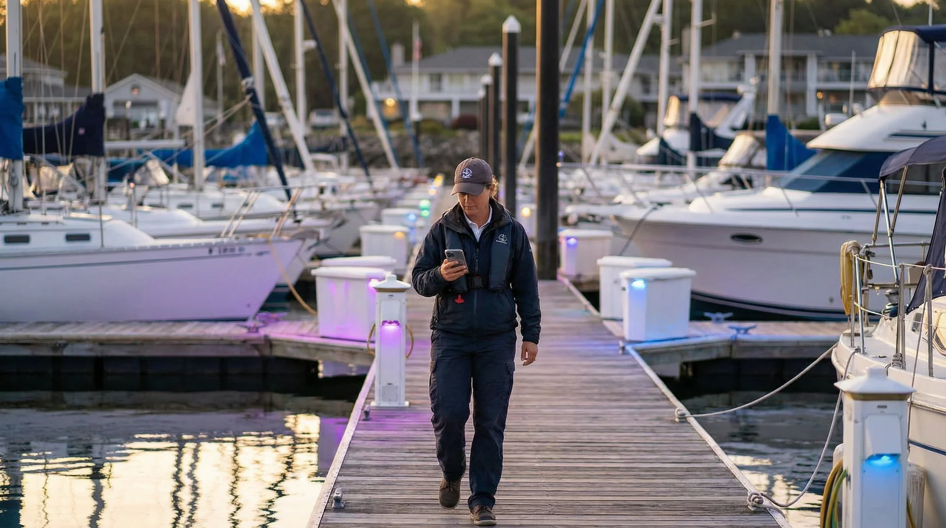 A marina dock at sunset with boats in slips while a harbormaster uses AI to manage incoming slip inquiries