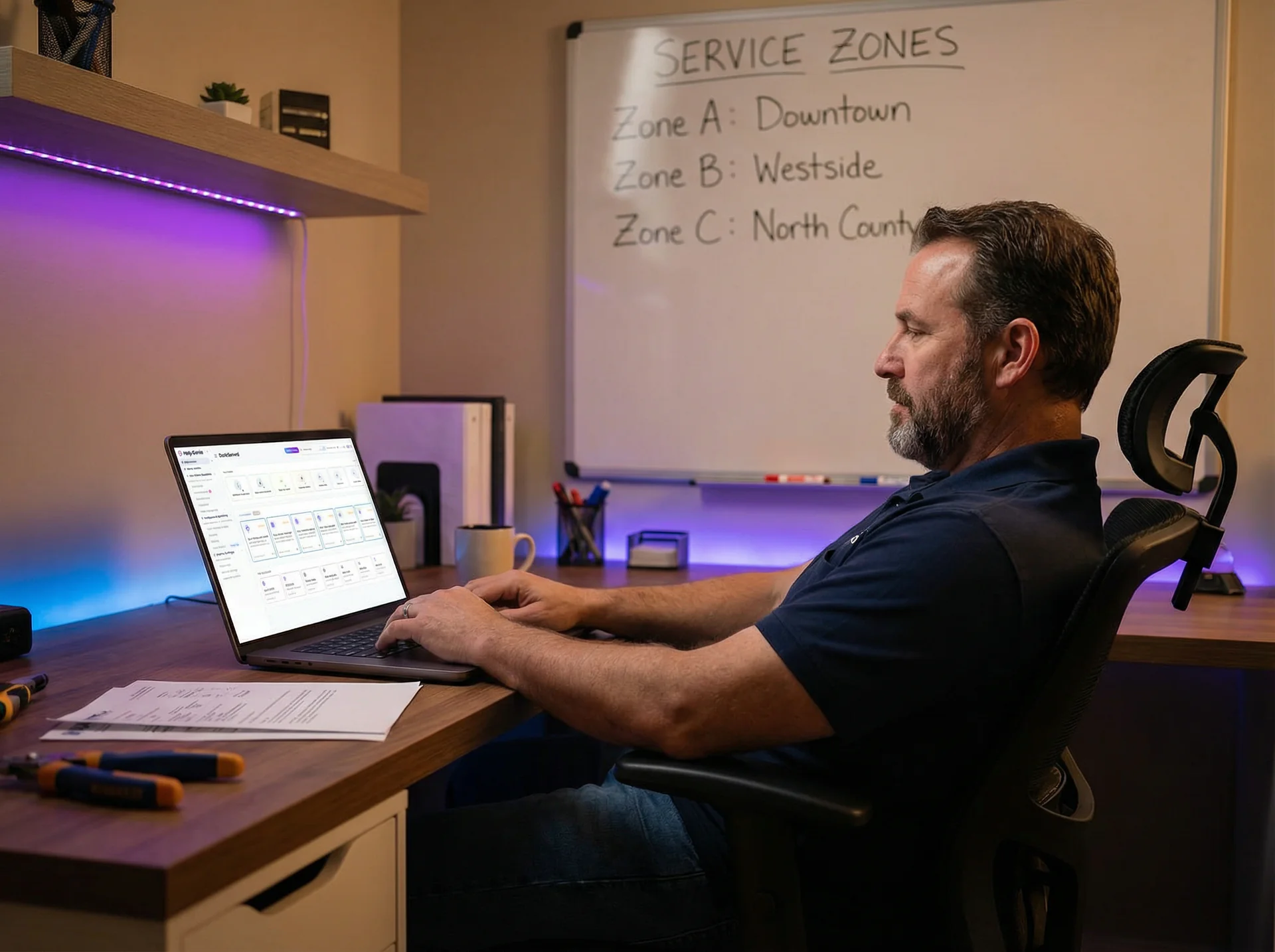 HVAC technician reviewing Help Genie call summary on a tablet before entering a customer's home