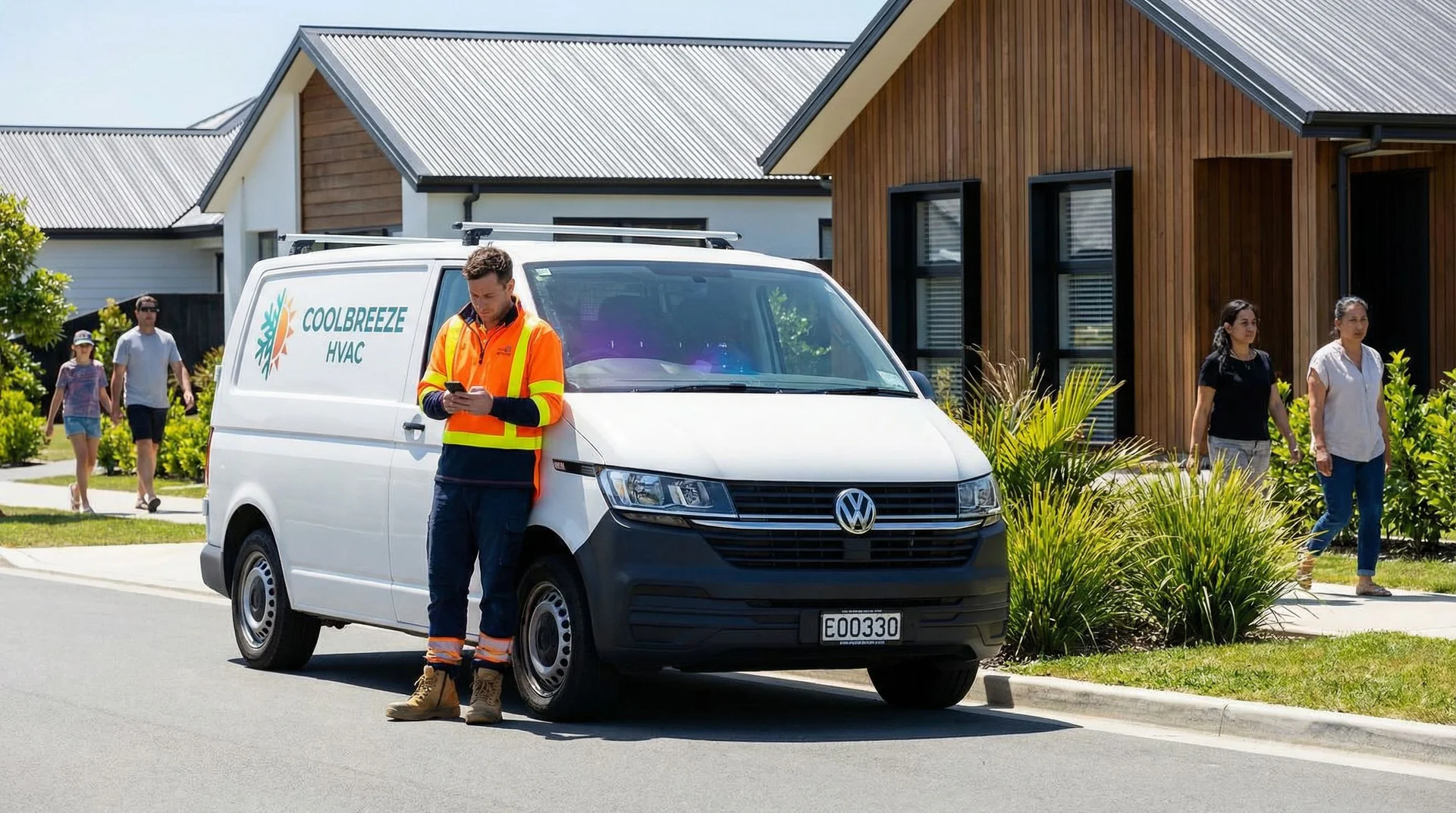 HVAC technician on the phone while working on an air conditioning unit
