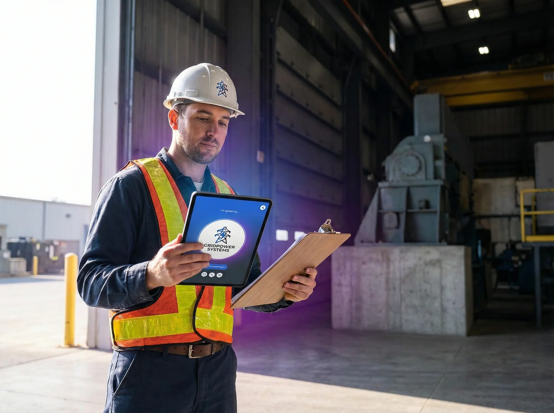 Service technician reviewing AI-generated work order details on a tablet before entering an industrial facility