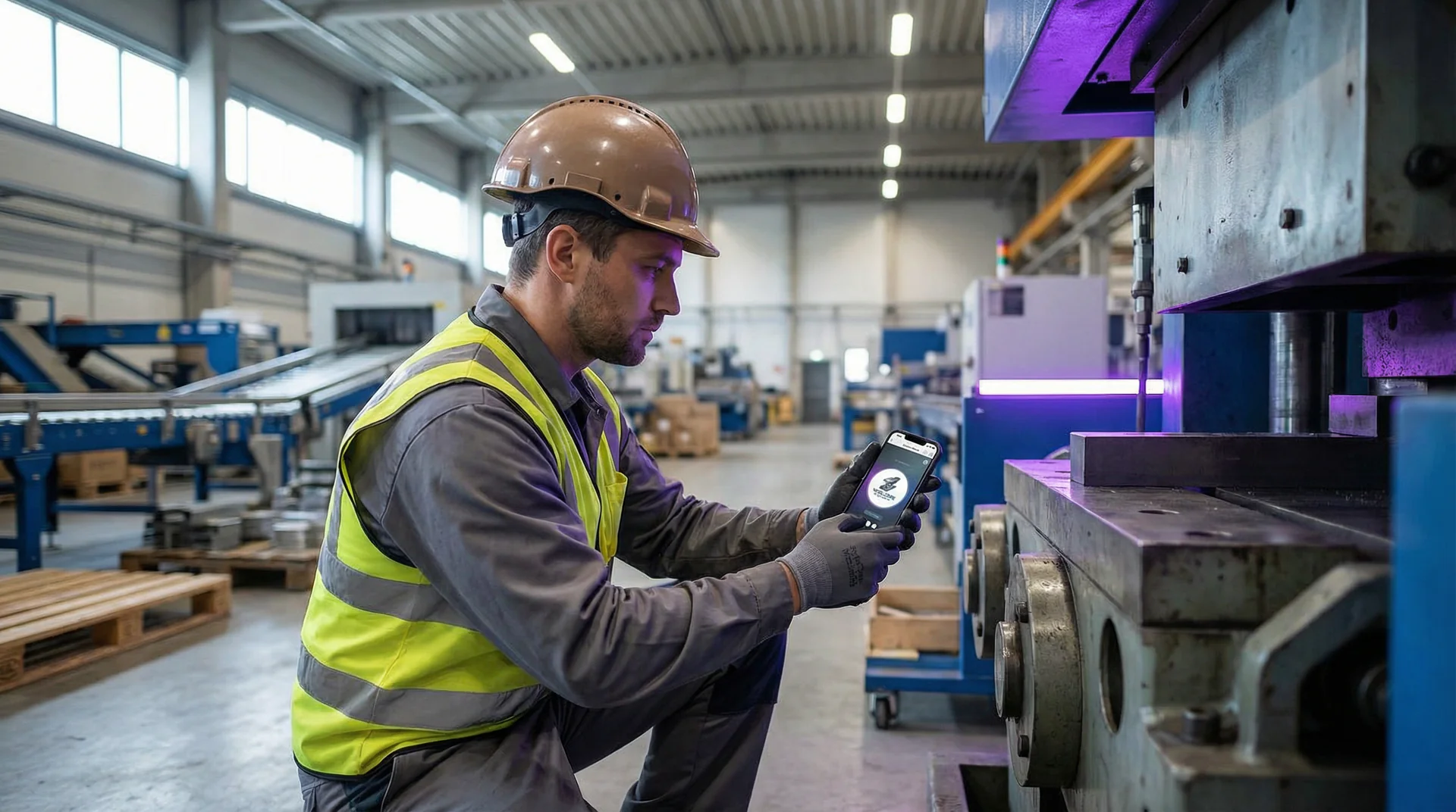 Industrial technician performing preventive maintenance on heavy equipment in a factory setting