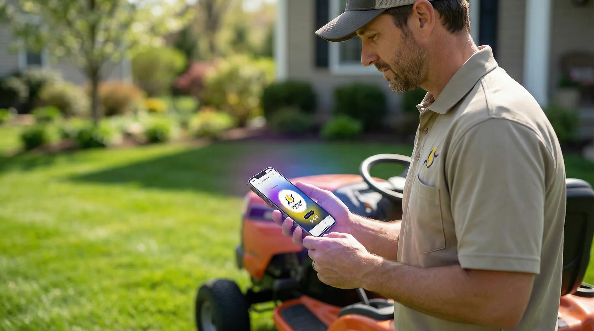 A landscaping crew member checking their phone while working on a residential property as AI handles incoming estimate calls