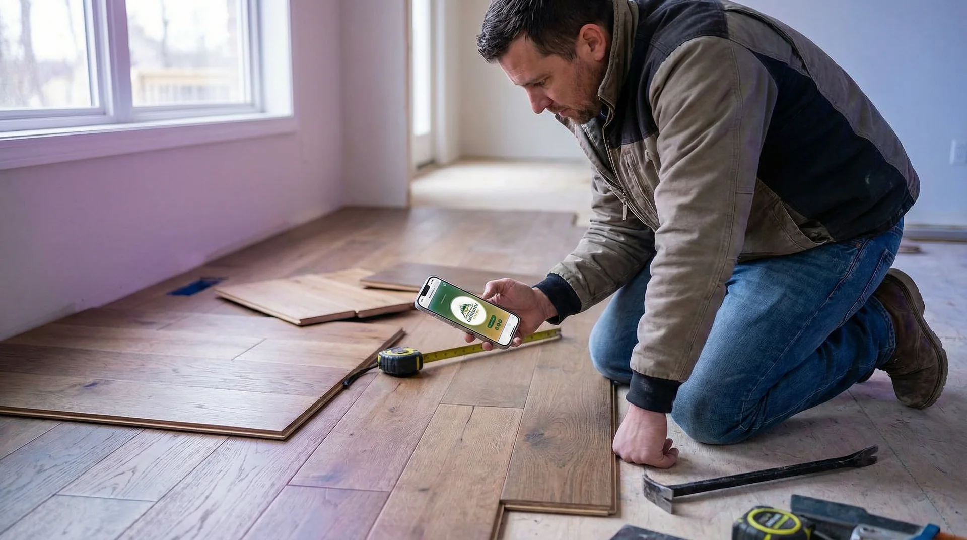 Flooring contractor measuring a living room floor with hardwood samples spread nearby