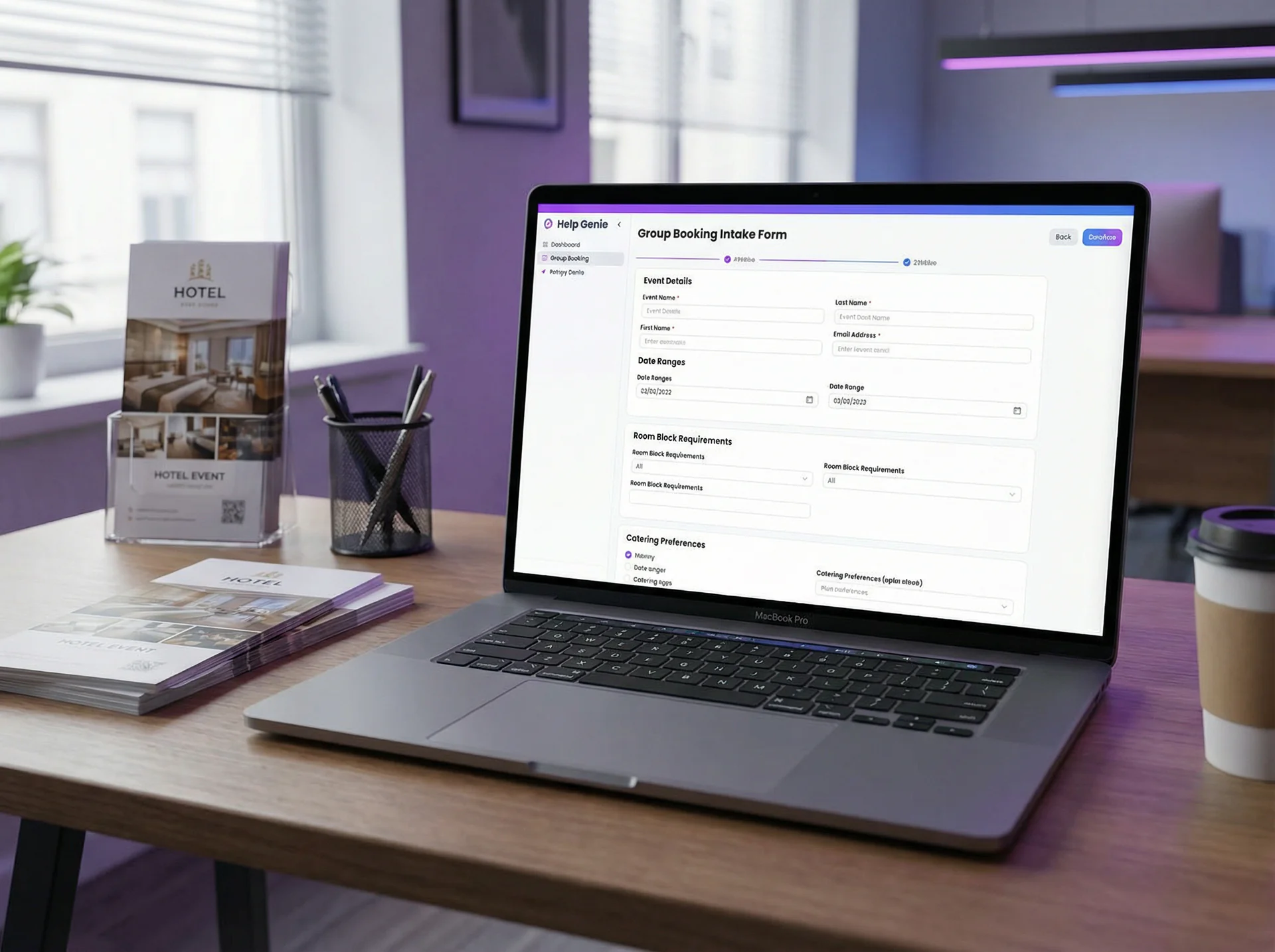 Voice AI interface showing a structured group booking intake form with event details, dates, and room requirements