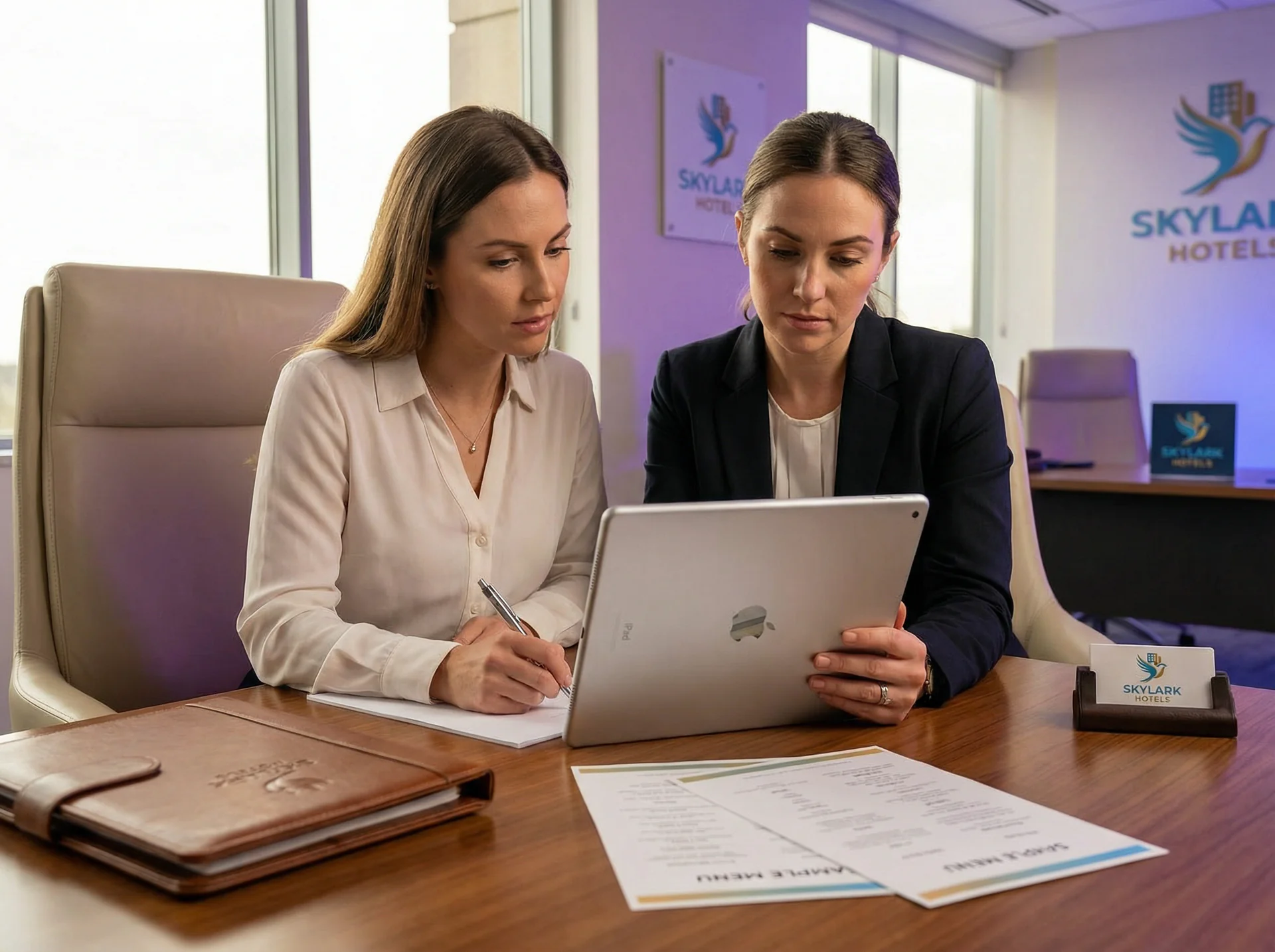 Hotel event sales coordinator reviewing a detailed AI-generated group booking lead summary on a tablet