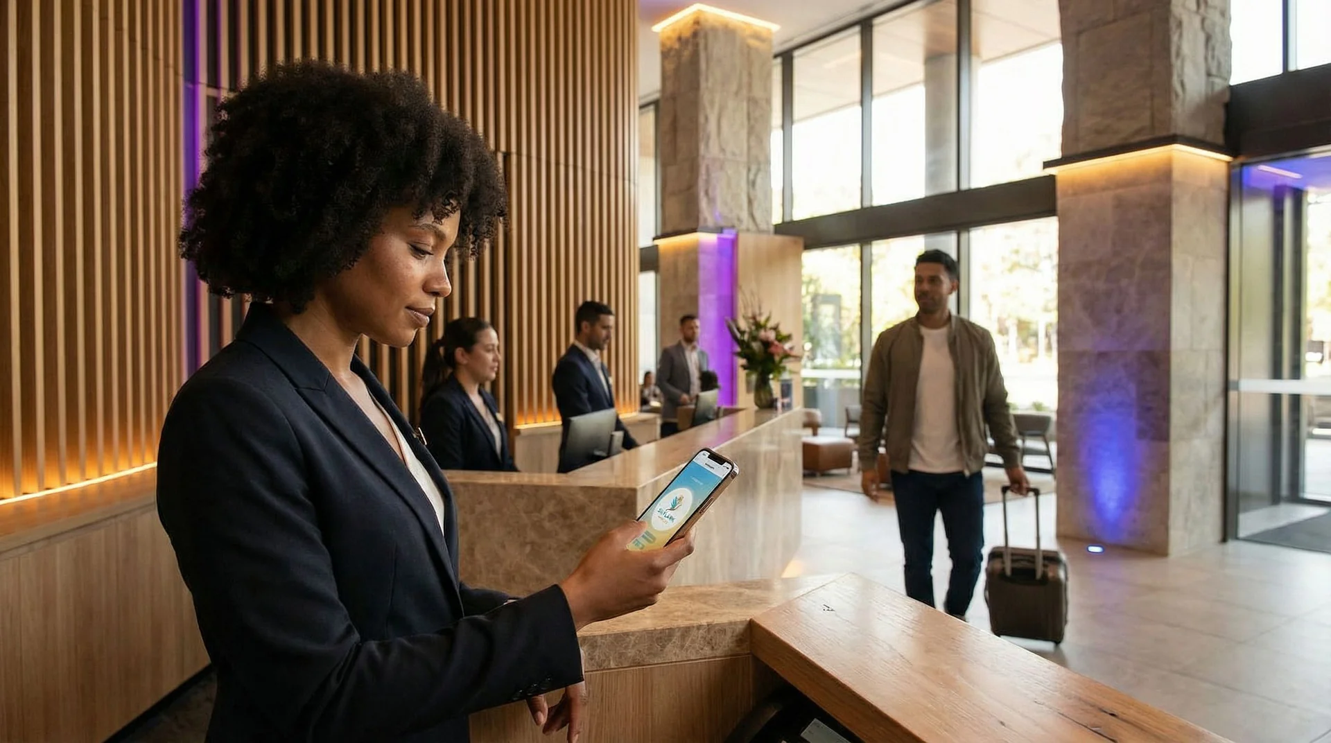 Hotel ballroom setup for a group event with an AI booking interface overlay