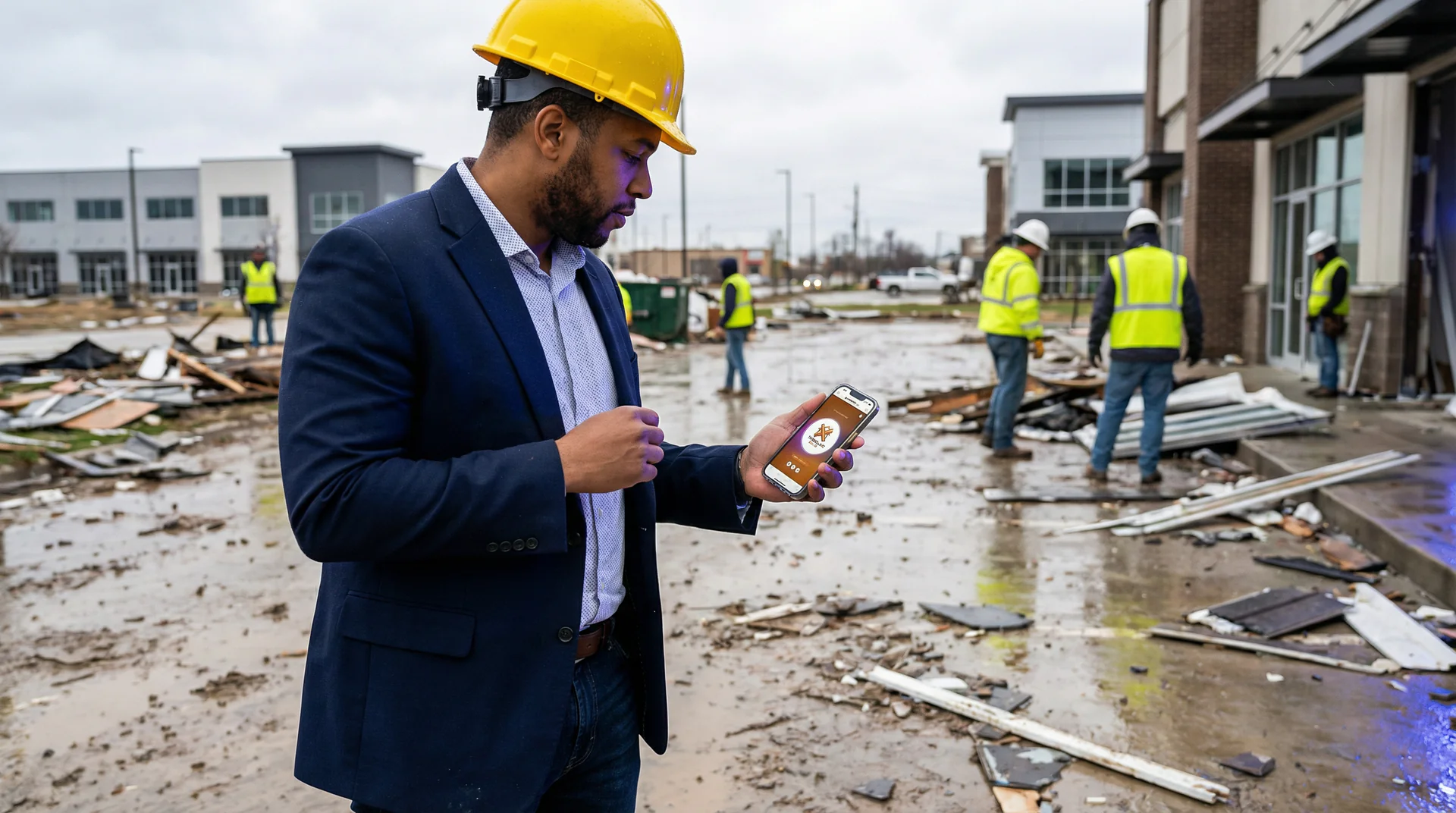 Roofing contractor reviewing AI-captured storm damage call summaries on tablet at job site