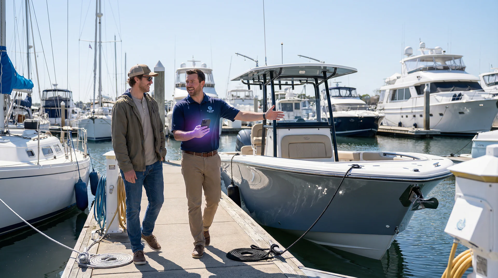 Boat dealer showroom with a customer browsing inventory on a sunny spring morning