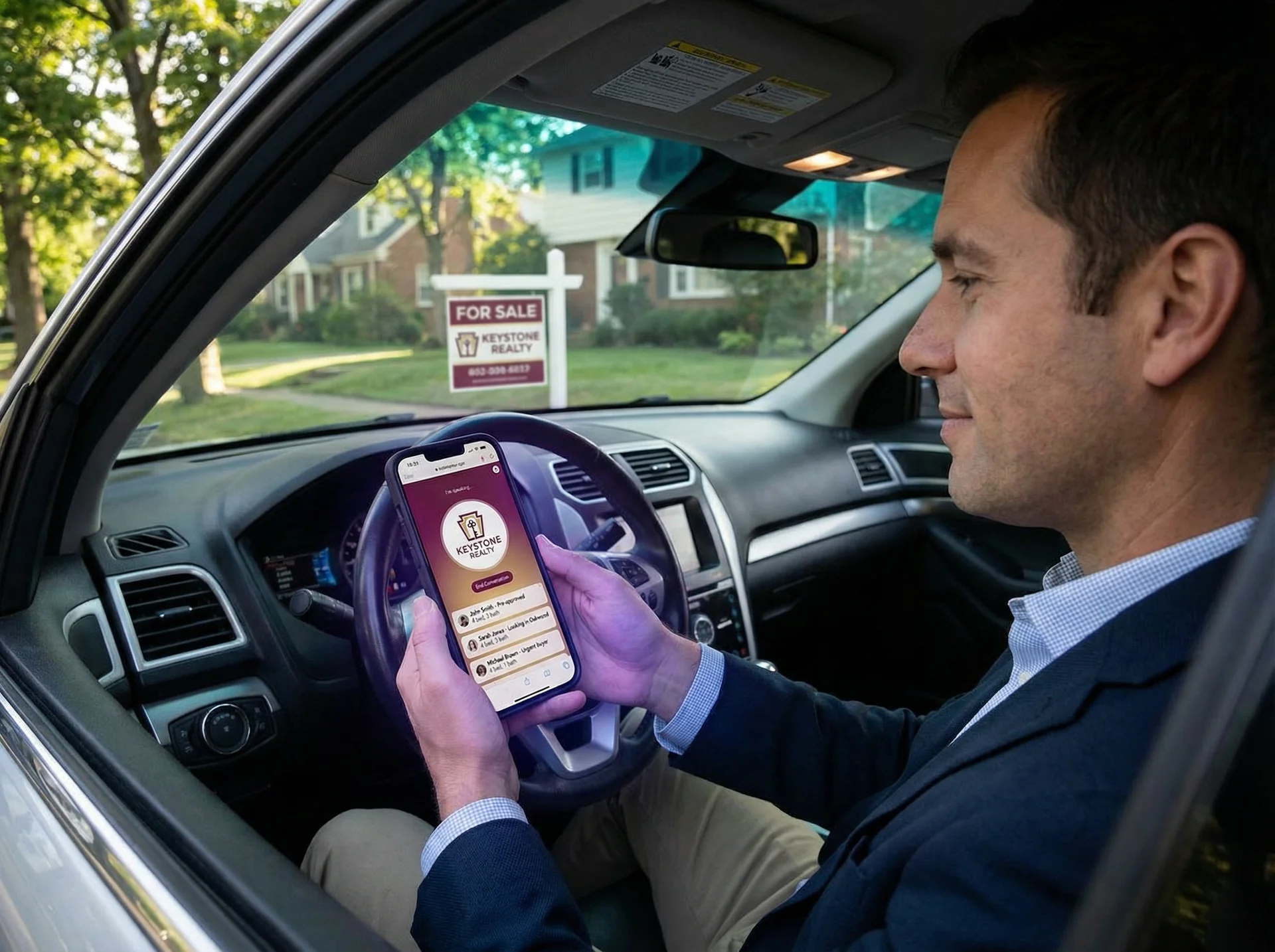 Phone screen showing qualified lead details including budget, timeline, and neighborhood preferences from AI voice assistant