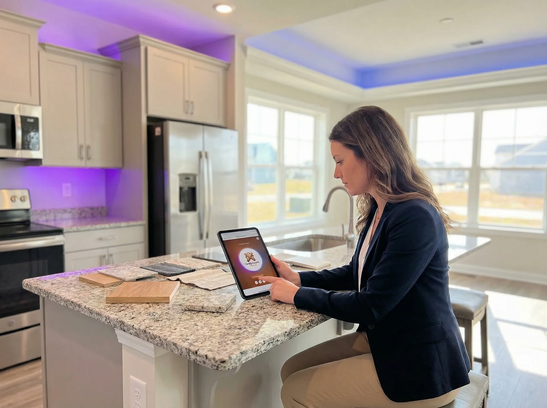Home builder sales agent reviewing a pre-qualified buyer profile on a tablet before a model home tour
