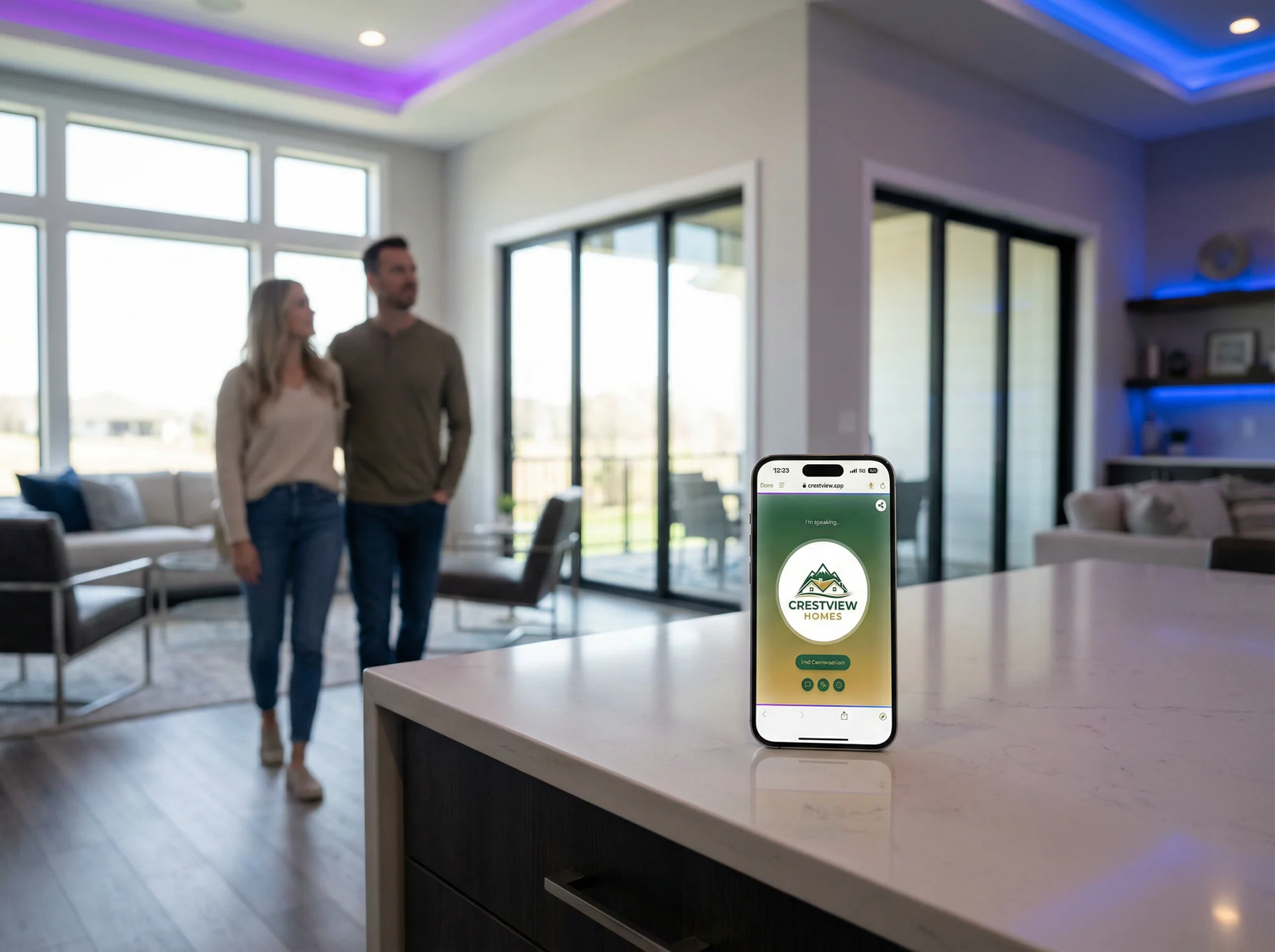 Model home interior with a couple touring while a phone notification shows an incoming AI-handled call from another interested buyer