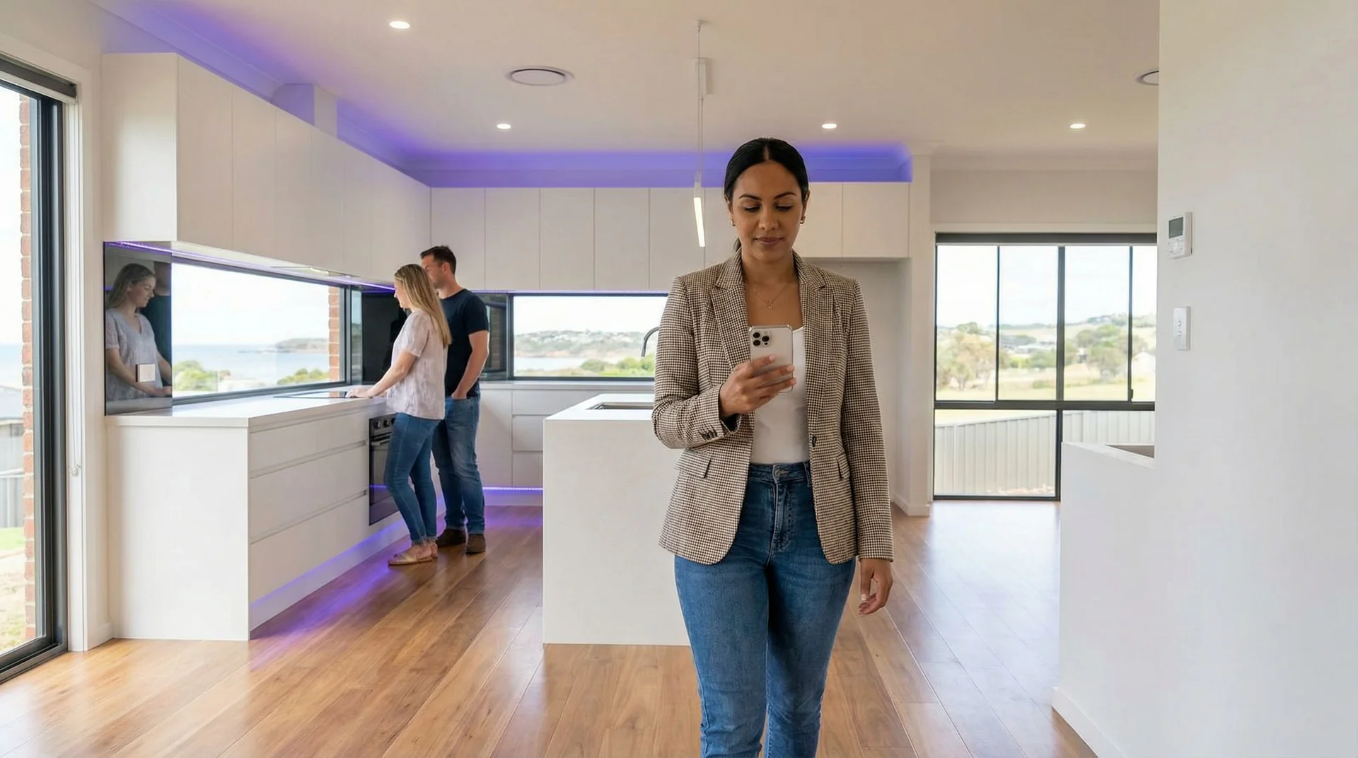 Modern model home exterior with a phone screen showing an AI-scheduled tour confirmation