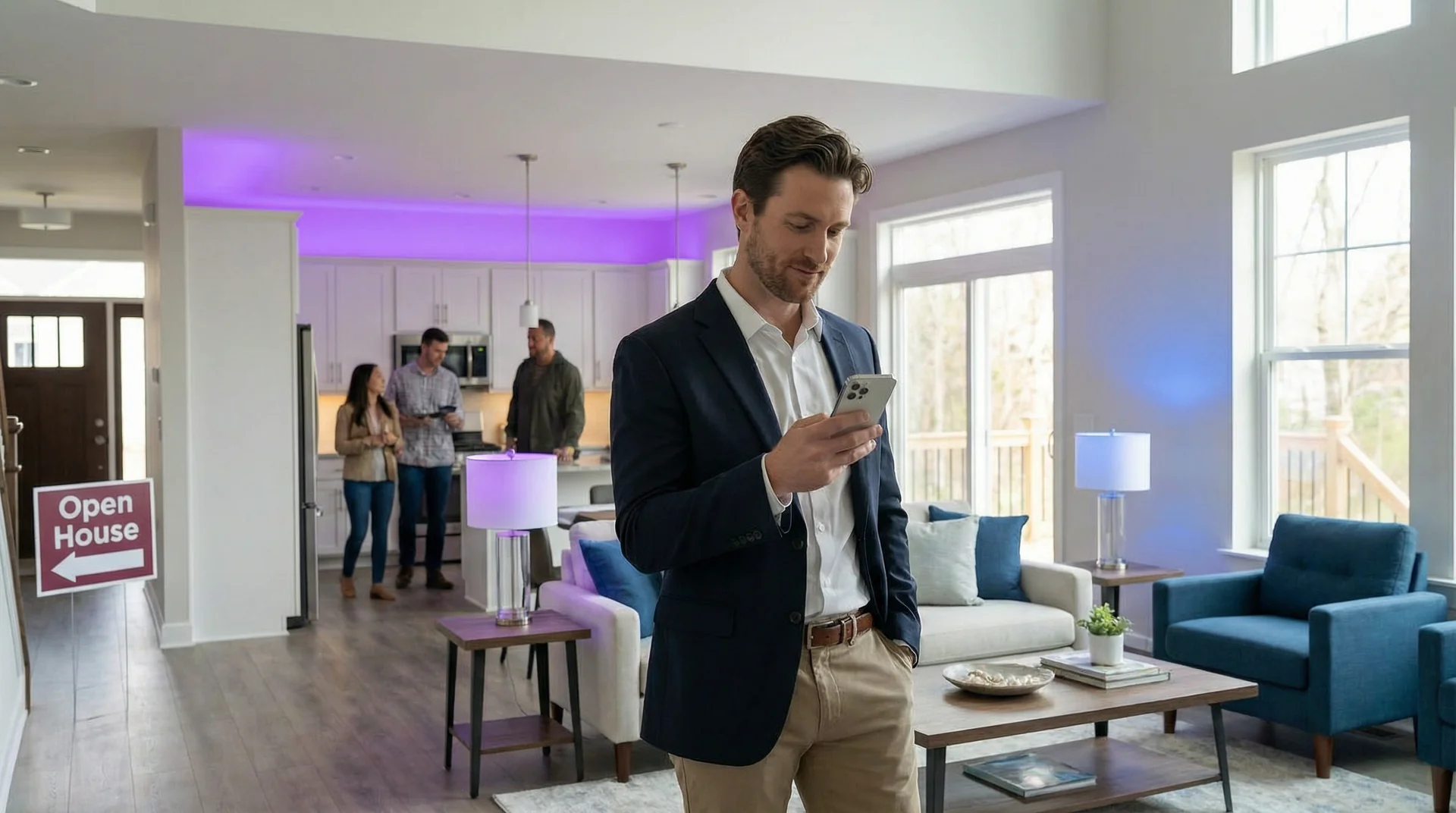 Real estate agent reviewing open house sign-in contacts on a tablet at a residential property