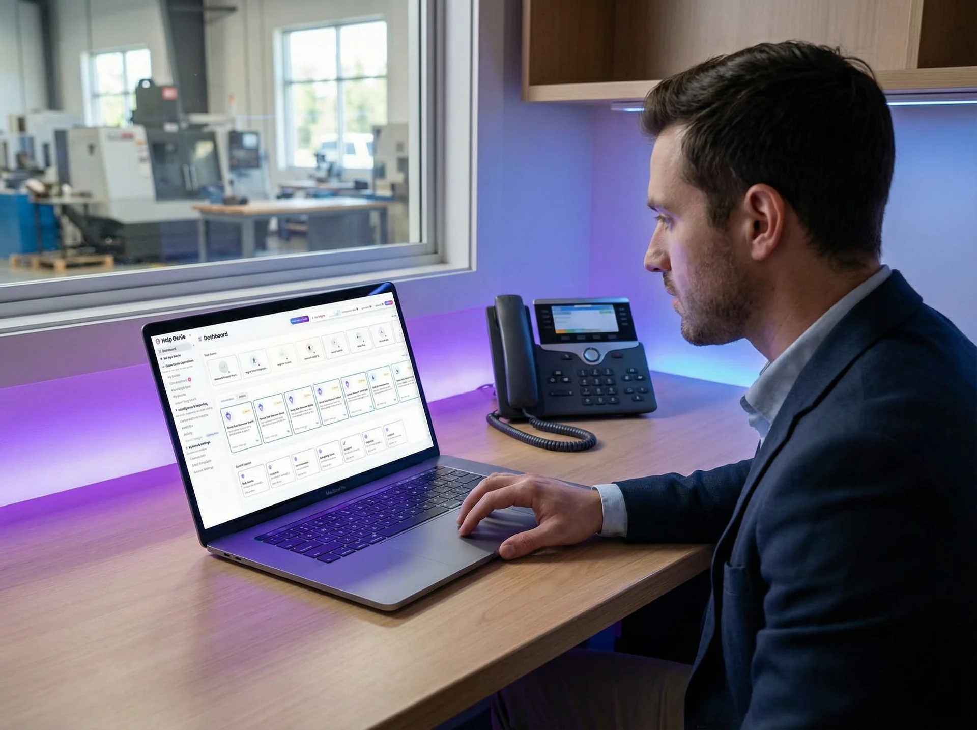 Customer service representative at a manufacturing company reviewing exception cases on screen with reduced call queue