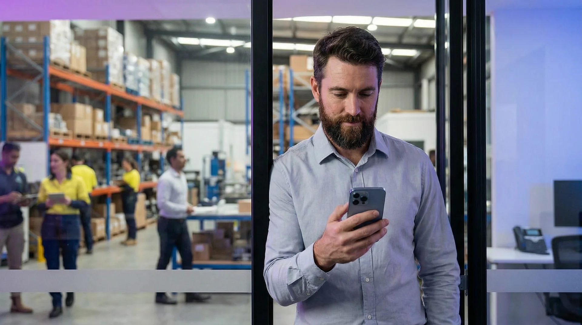Warehouse worker scanning packages near a shipping dock with order tracking screens visible in the background