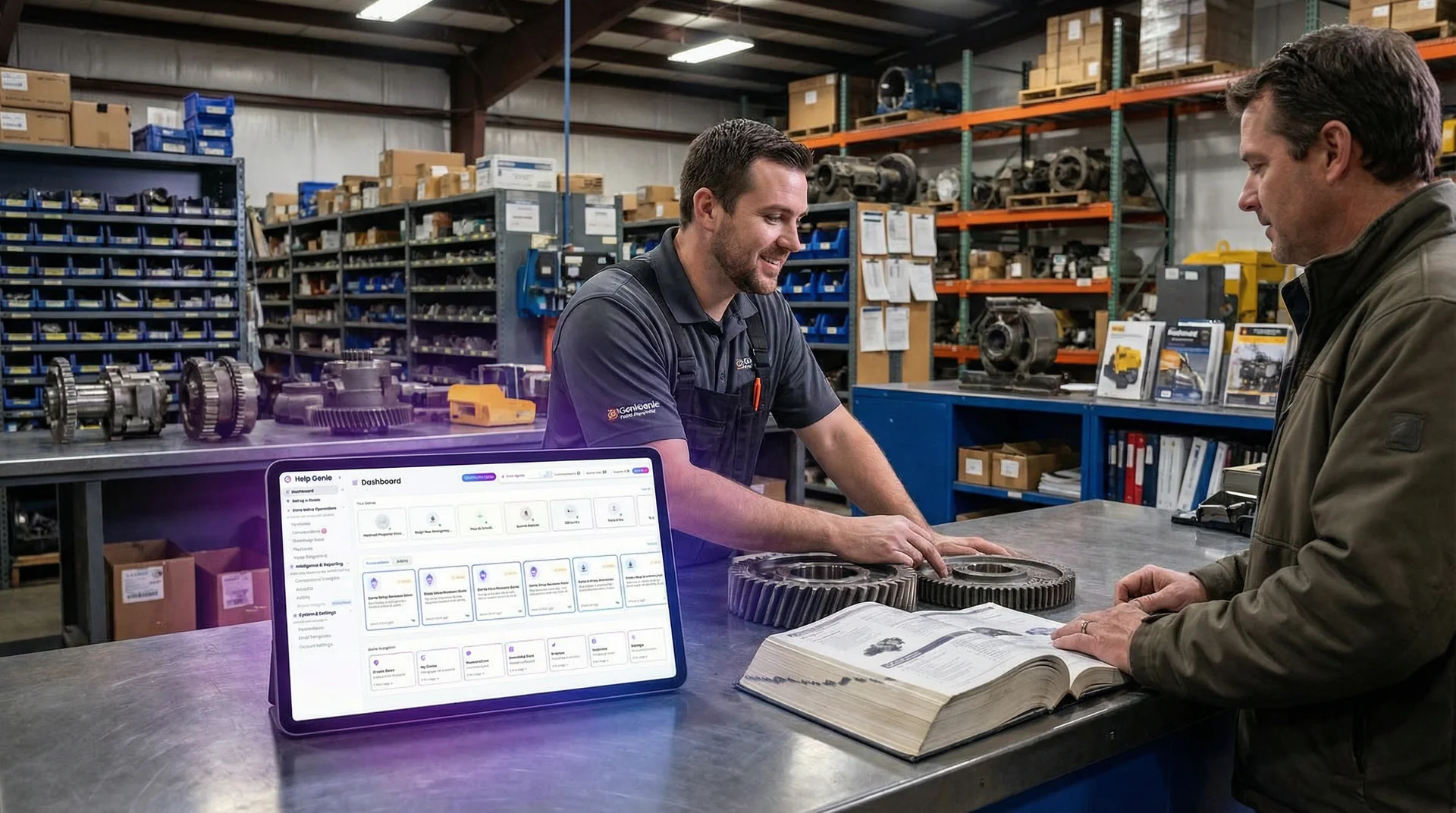 Industrial equipment technician checking parts inventory on a warehouse floor