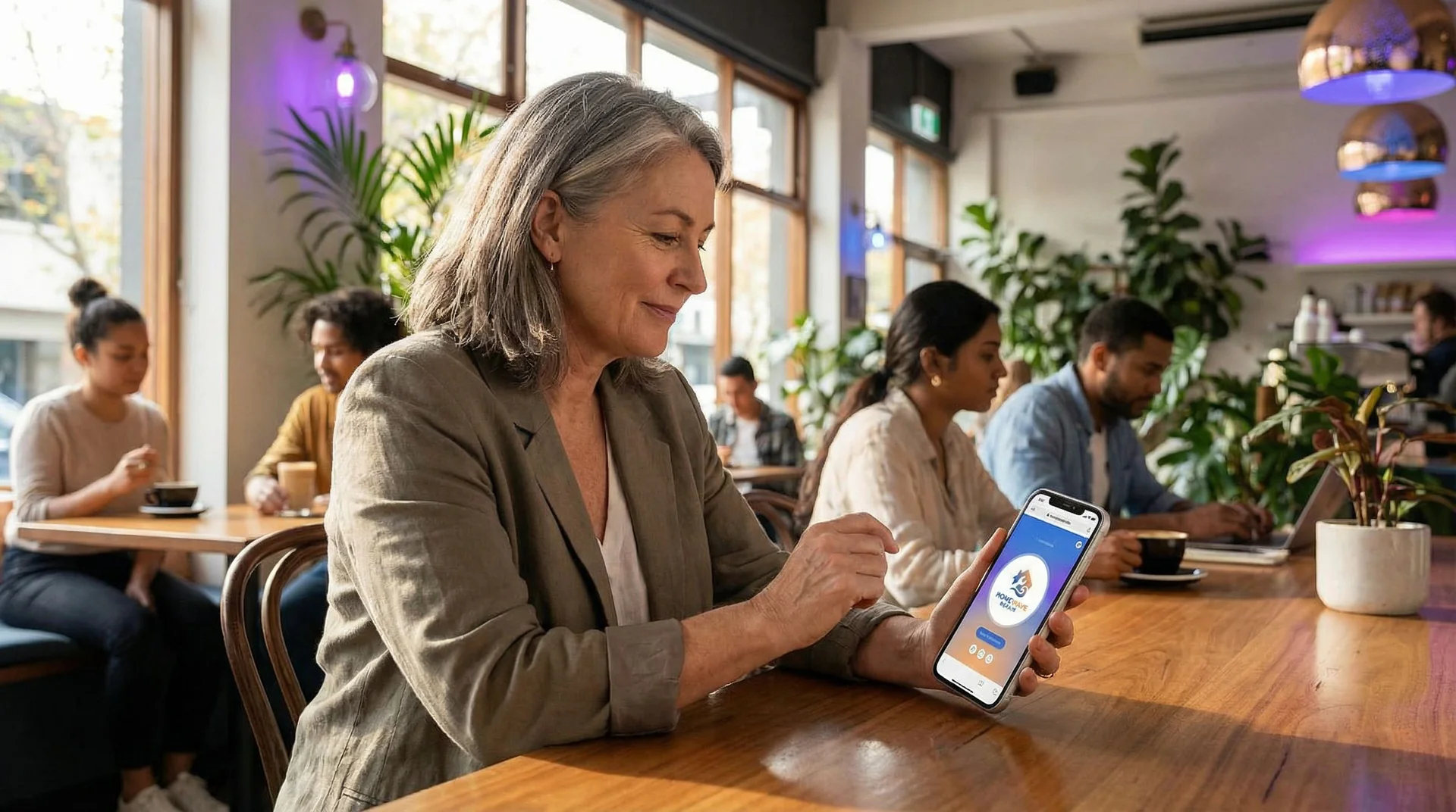 Customer on a phone call with an AI voice assistant, smiling, with appointment confirmation appearing on their phone screen