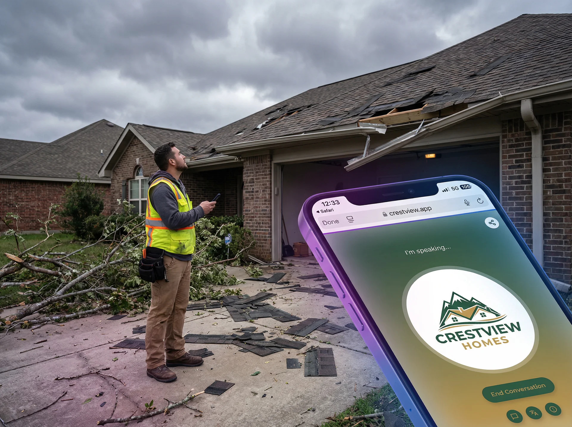 Roofing company office phone ringing with an AI dashboard showing triaged storm damage calls and scheduled inspections