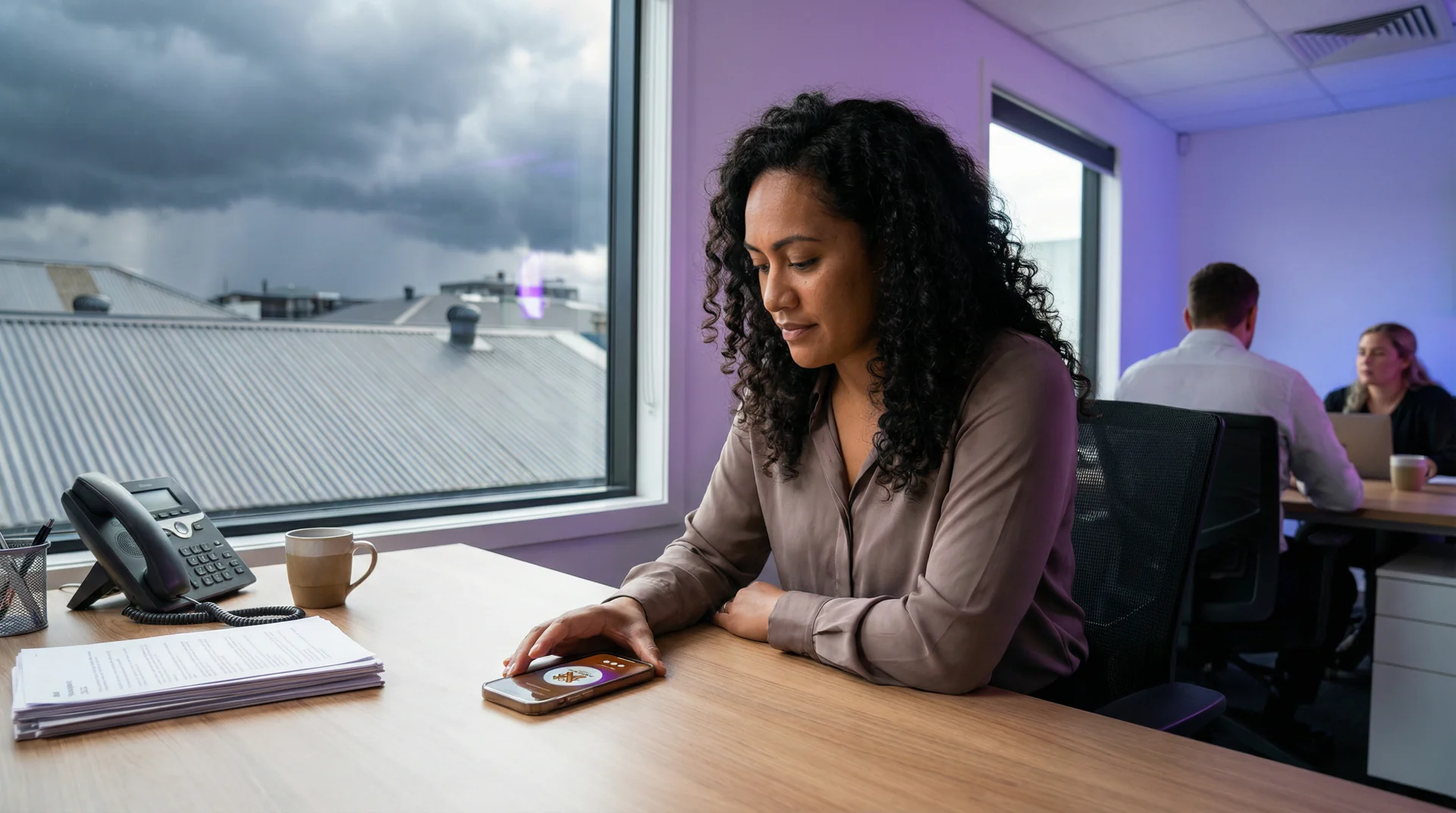 Roofing crew working on a roof after a storm while calls come in on a phone