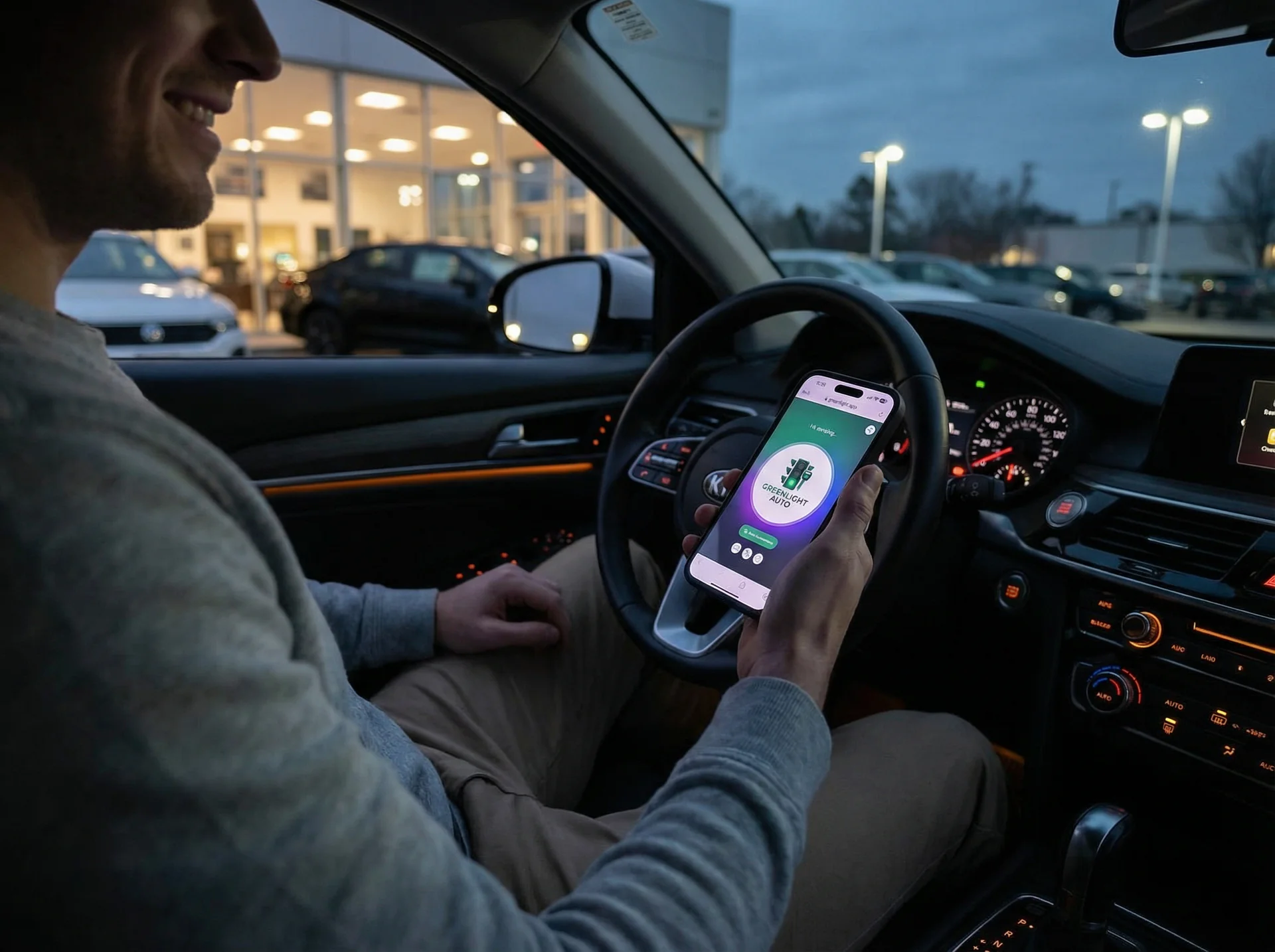 Dealership lot at night with an AI system capturing after-hours calls and scheduling test drives for the next day