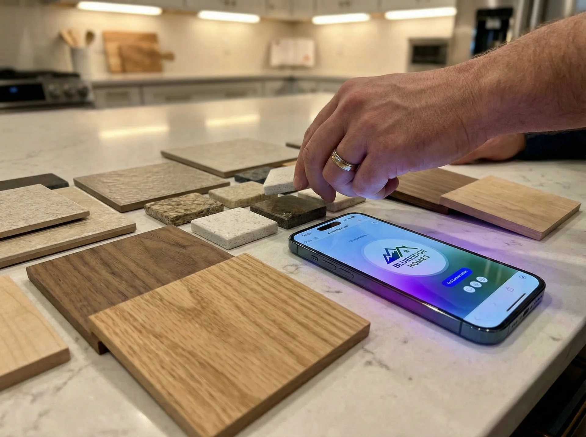 Kitchen remodeling showroom with countertop samples and a tablet showing project qualification data