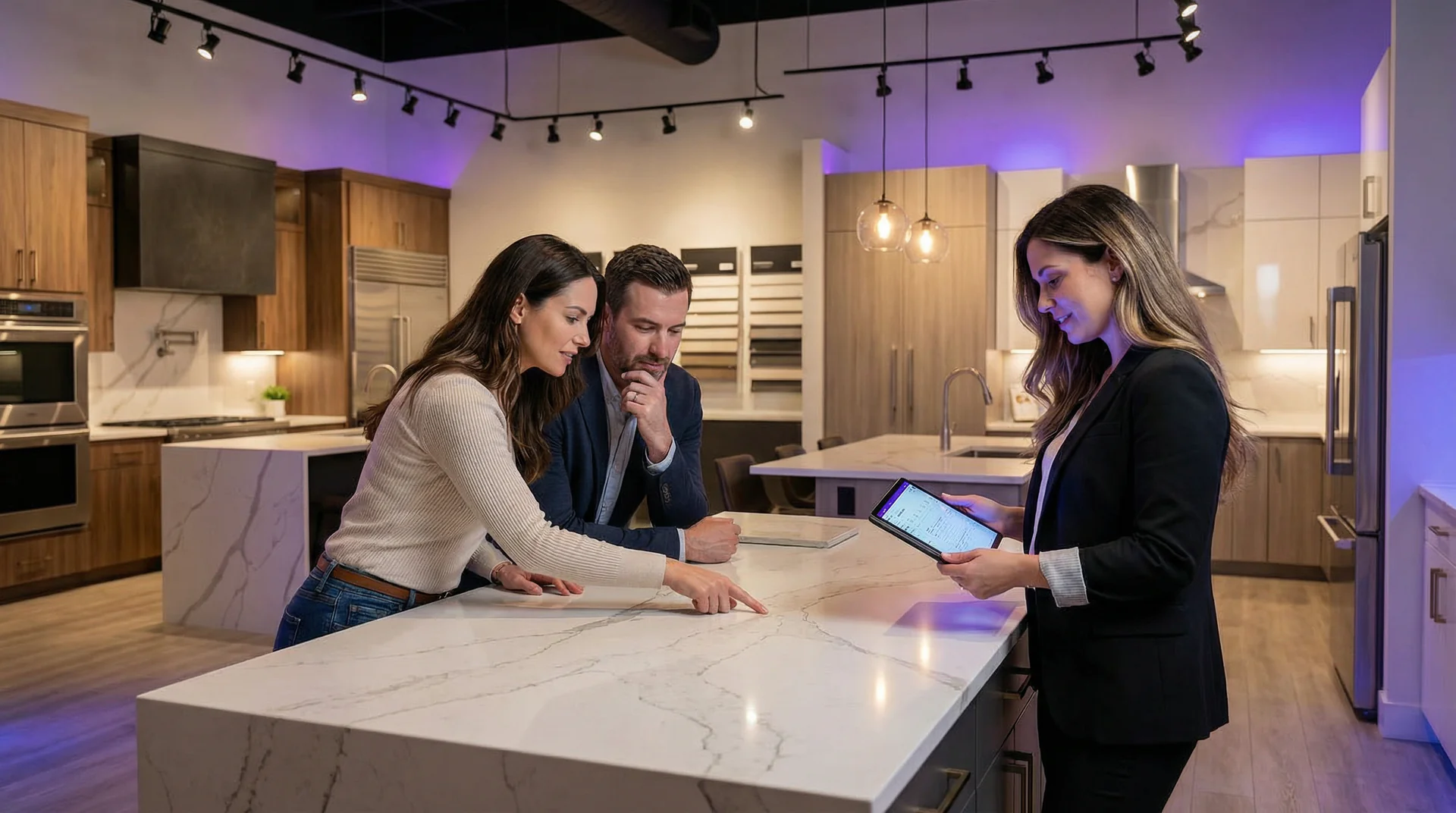 A kitchen remodeling showroom with a phone displaying AI-powered project qualification questions