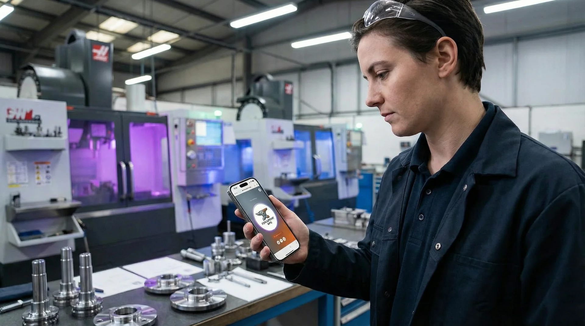 Quality engineer reviewing specifications at a manufacturing facility workstation